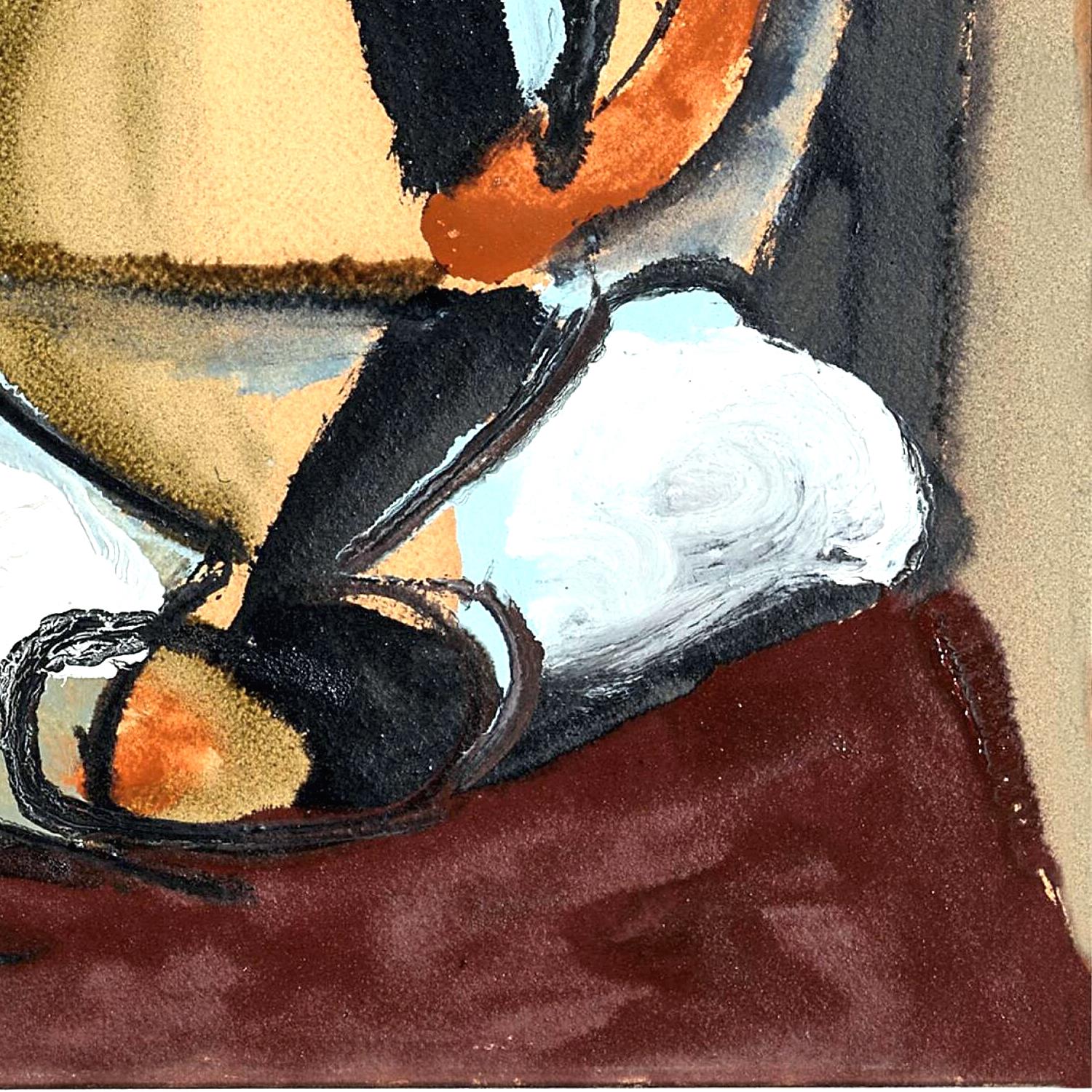 Abstract painting with a penguin-like figure in a surreal setting
