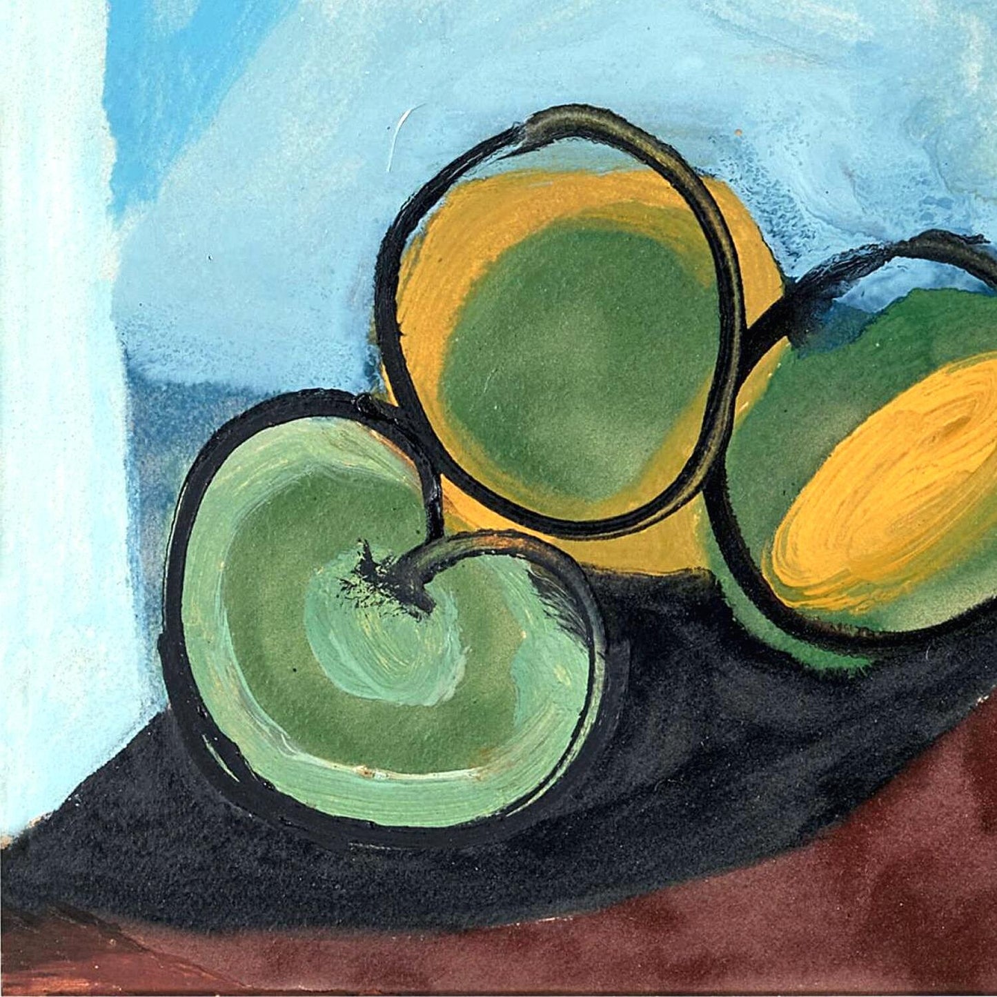 Artistic depiction of green and yellow fruits on a textured surface with a blue background