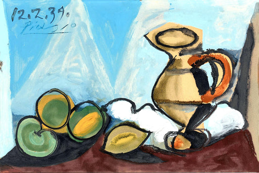 Artistic depiction of a vase and fruits with a signature in the corner