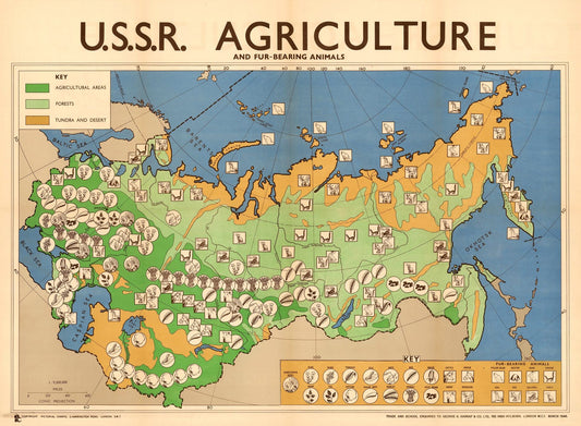 Old map of the USSR Agriculture, 1946