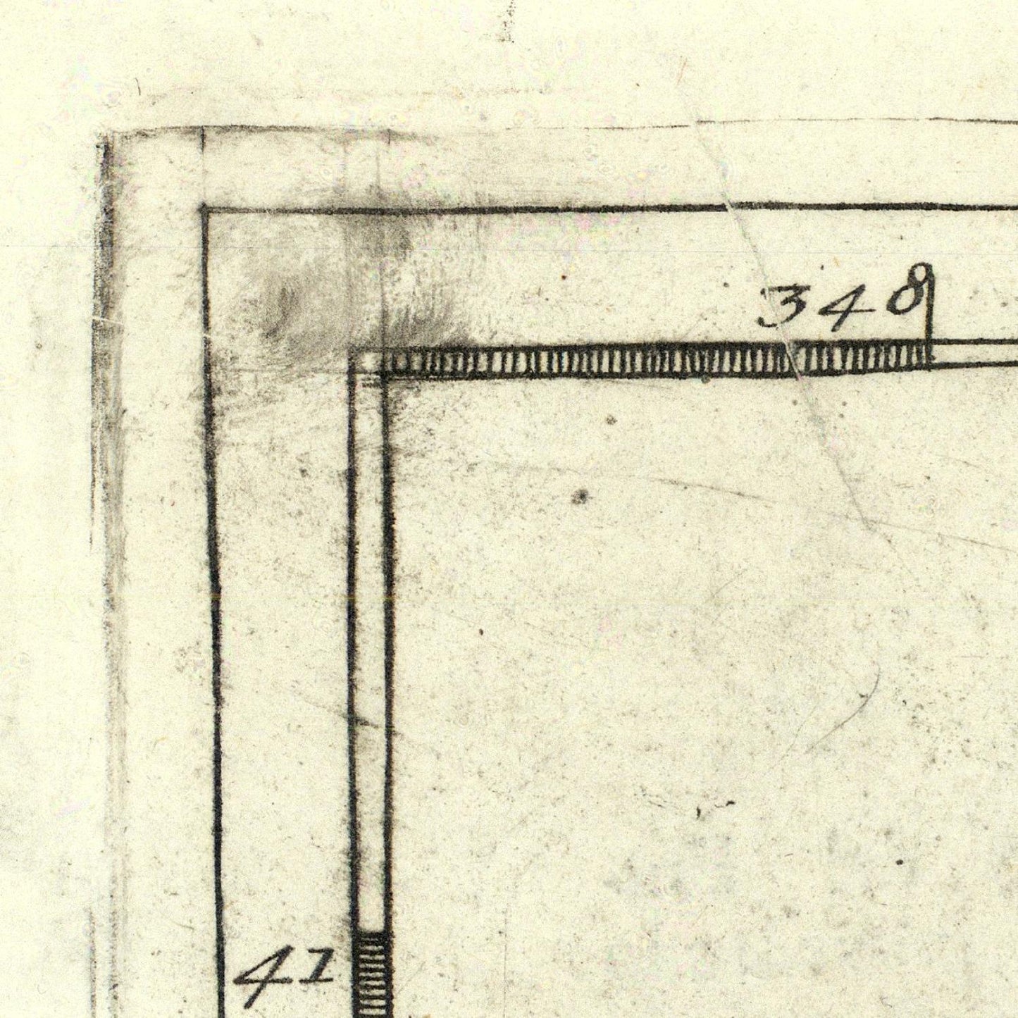 Corner of a architectural drawing with measurements on a light beige background