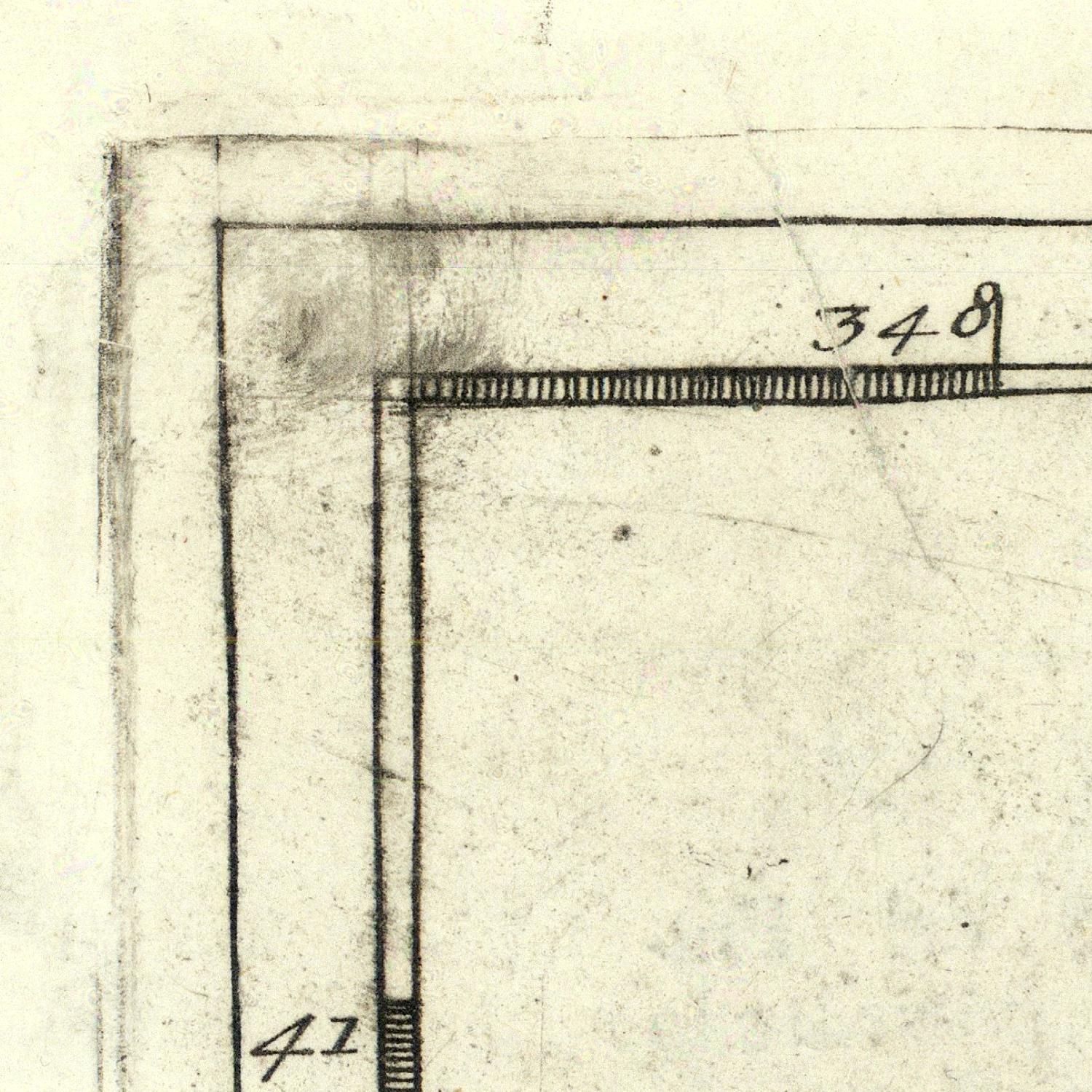 Corner of a architectural drawing with measurements on a light beige background