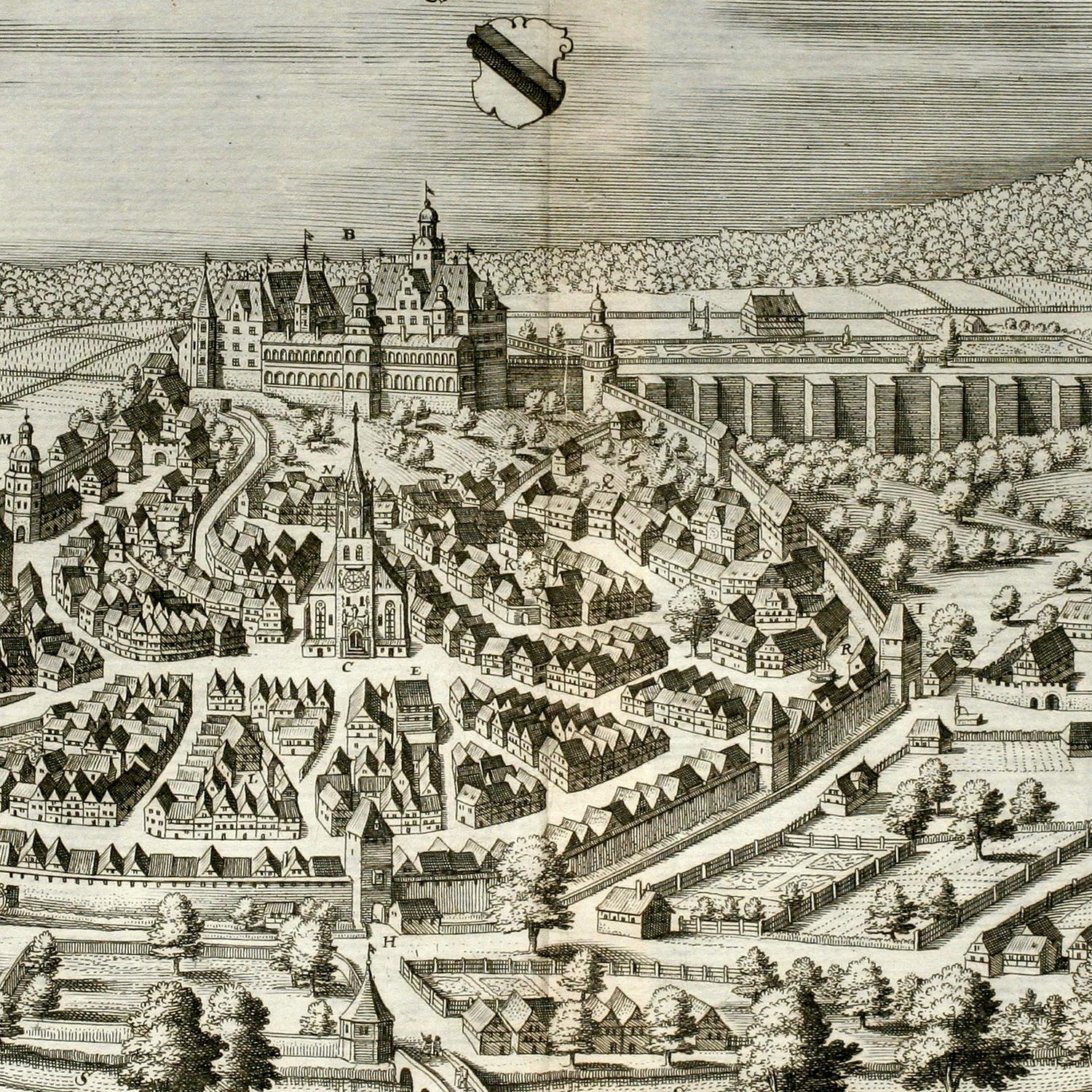 Vintage illustration of a town layout with buildings and a castle.