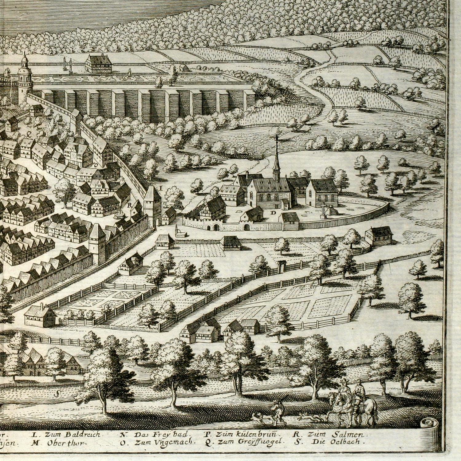 Vintage engraving of a town layout with buildings and green spaces