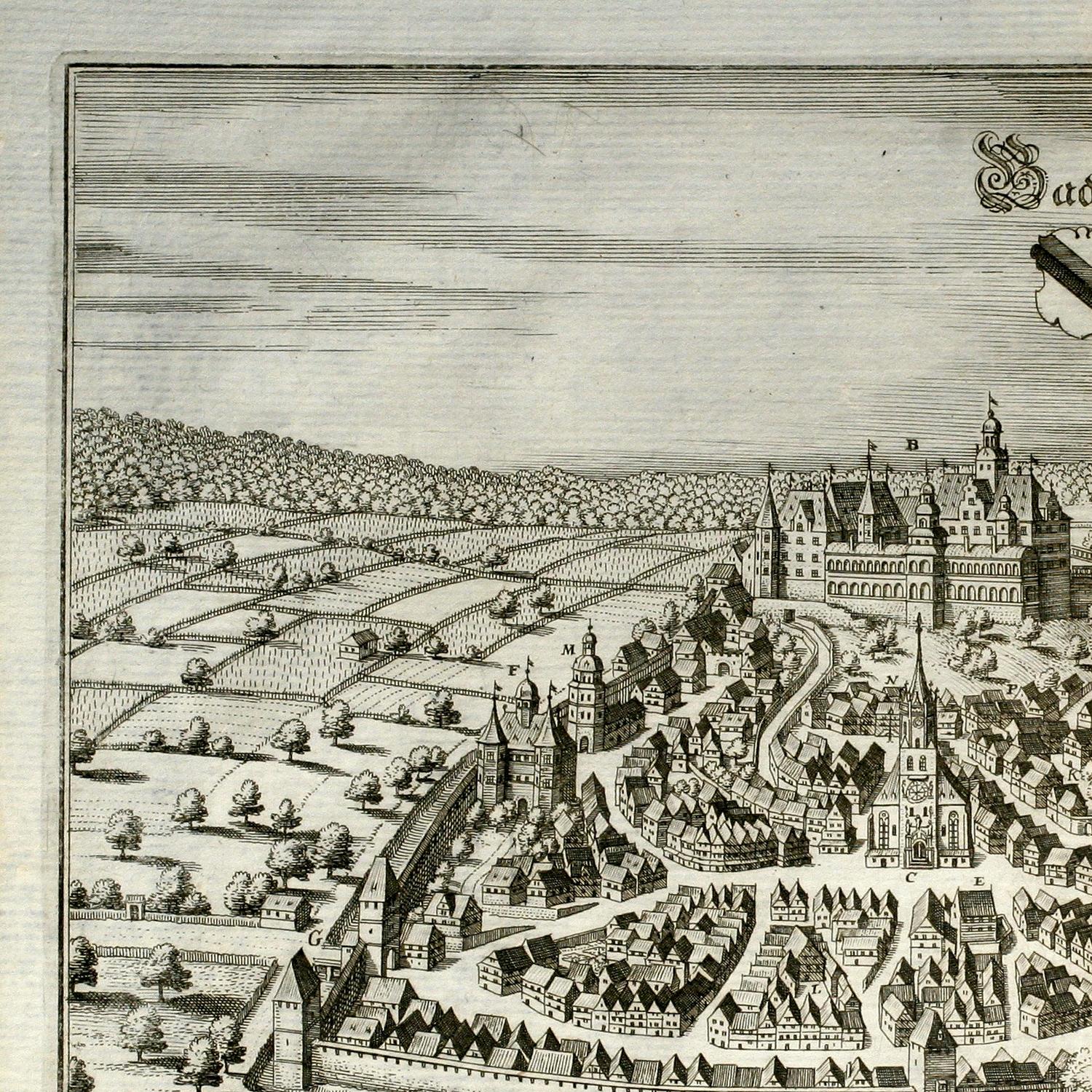 Vintage illustration of a town with a large castle-like building