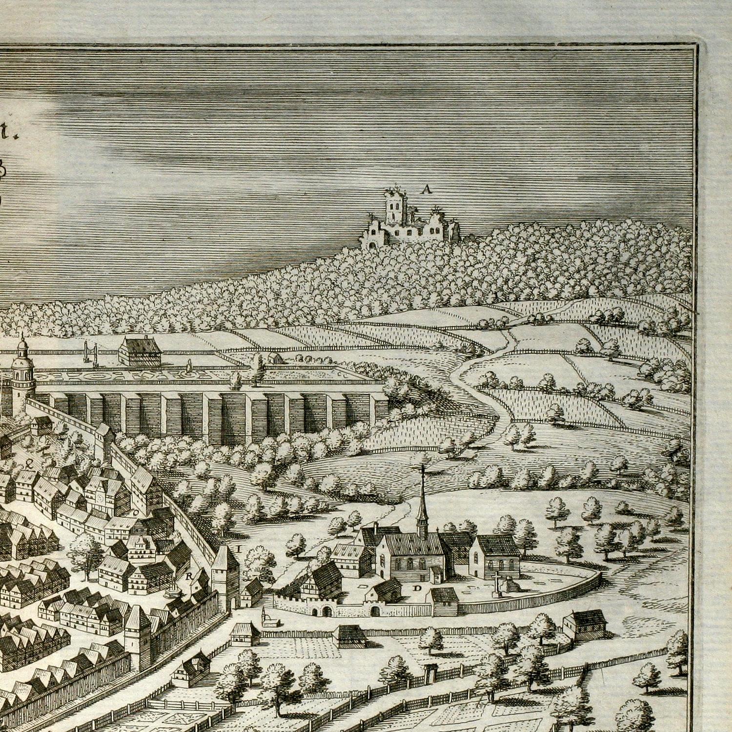 Vintage illustration of a town with a castle on a hill