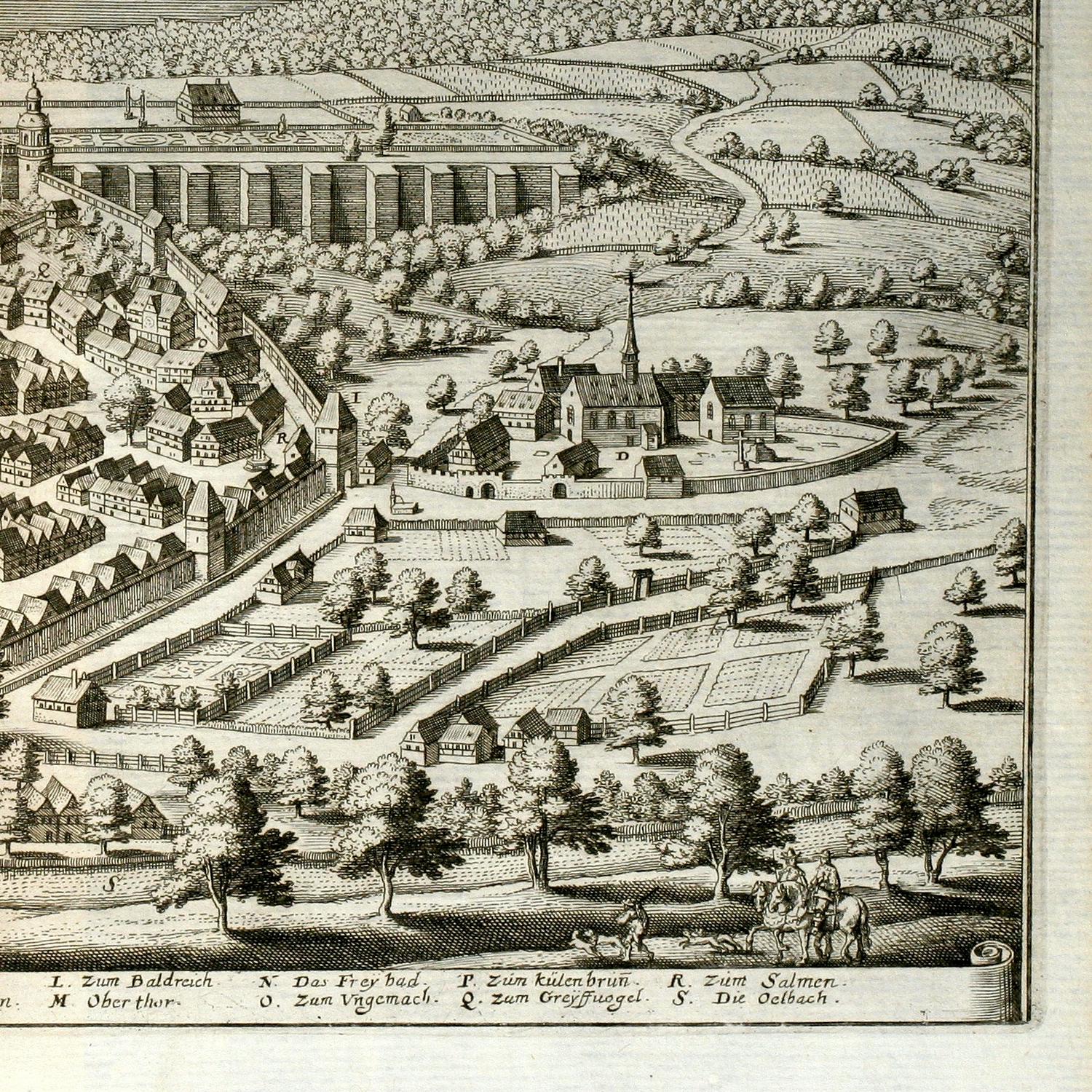 Vintage engraving of a town with buildings, trees, and a river