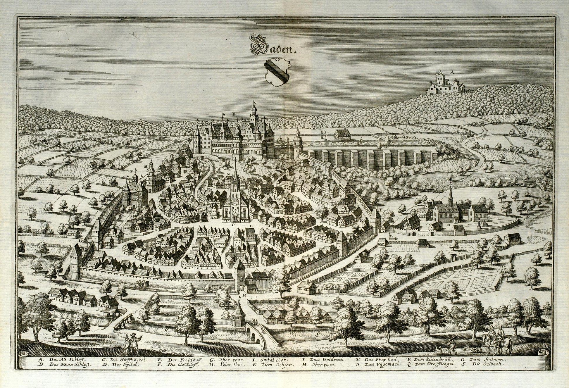 Vintage black and white illustration of a cityscape with buildings and gardens, likely from the 17th century.