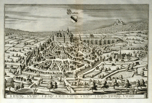 Vintage black and white illustration of a cityscape with buildings and gardens, likely from the 17th century.