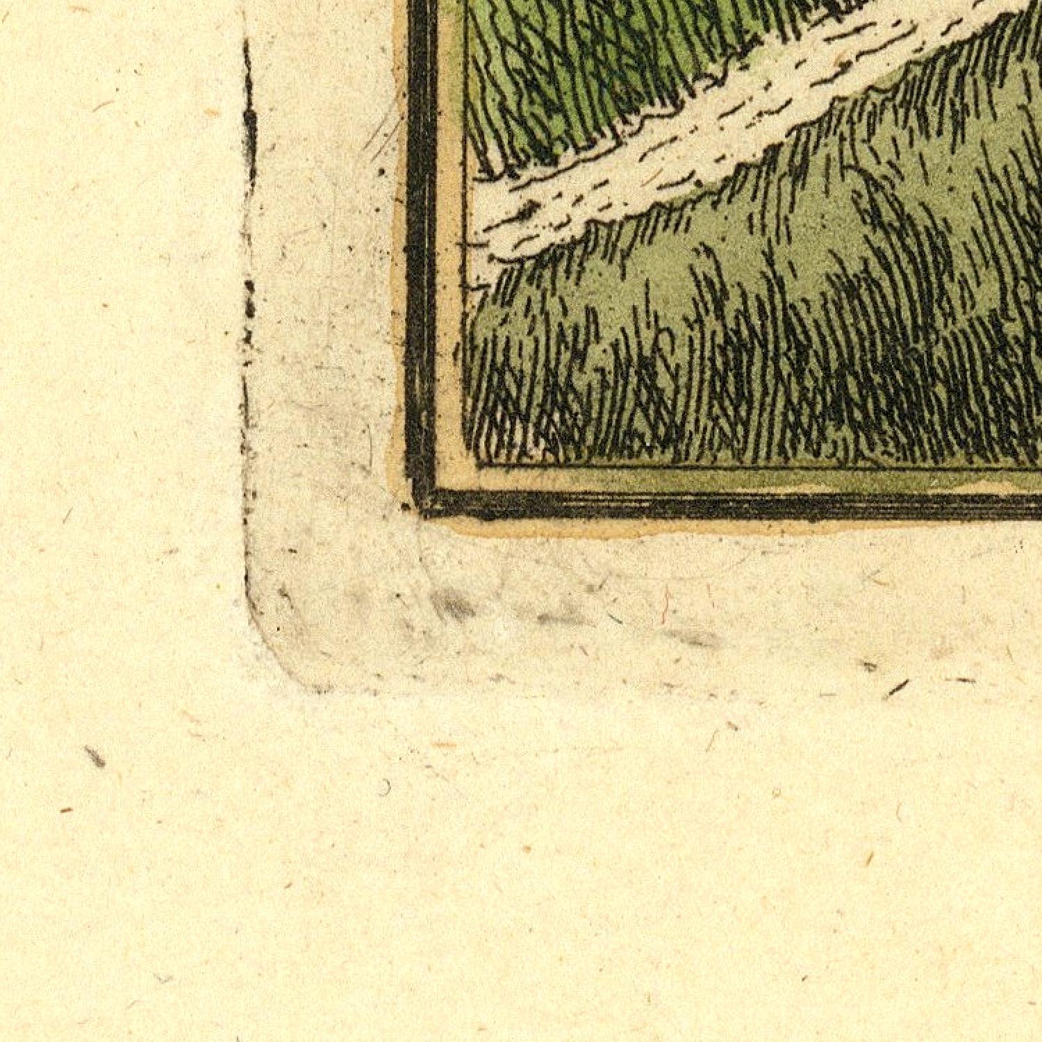 Close-up of a vintage illustration with green grass and a path on a textured beige background.