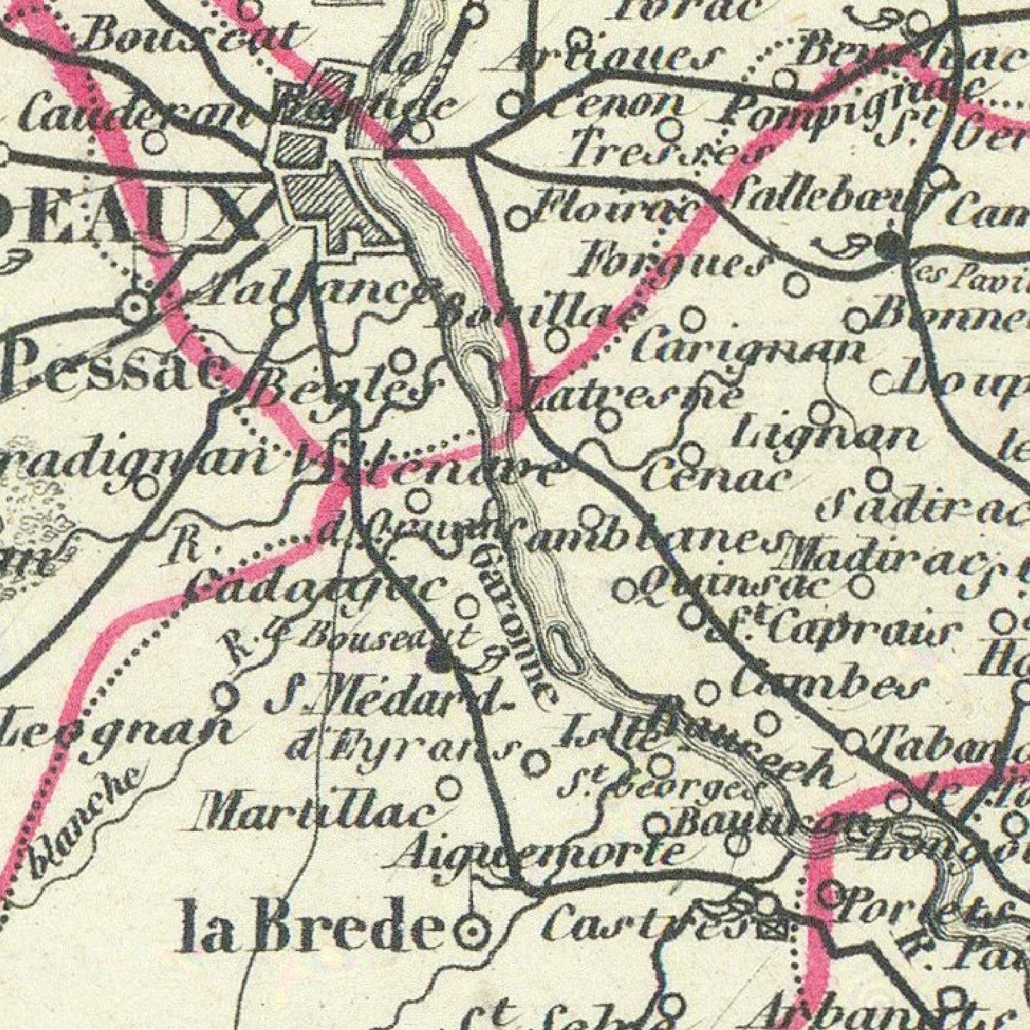 Vintage map of a region with labeled places and roads