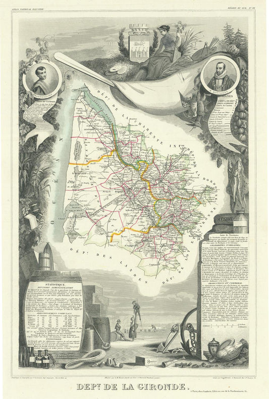 Vintage map of the Département de la Gironde with decorative elements and portraits.