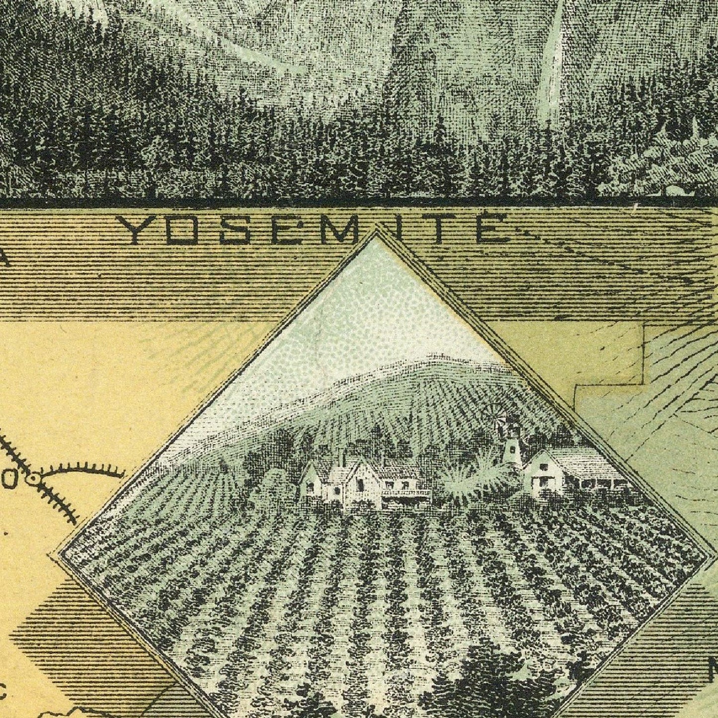 Vintage-style illustration of Yosemite Valley with a diamond-shaped inset showing a village.