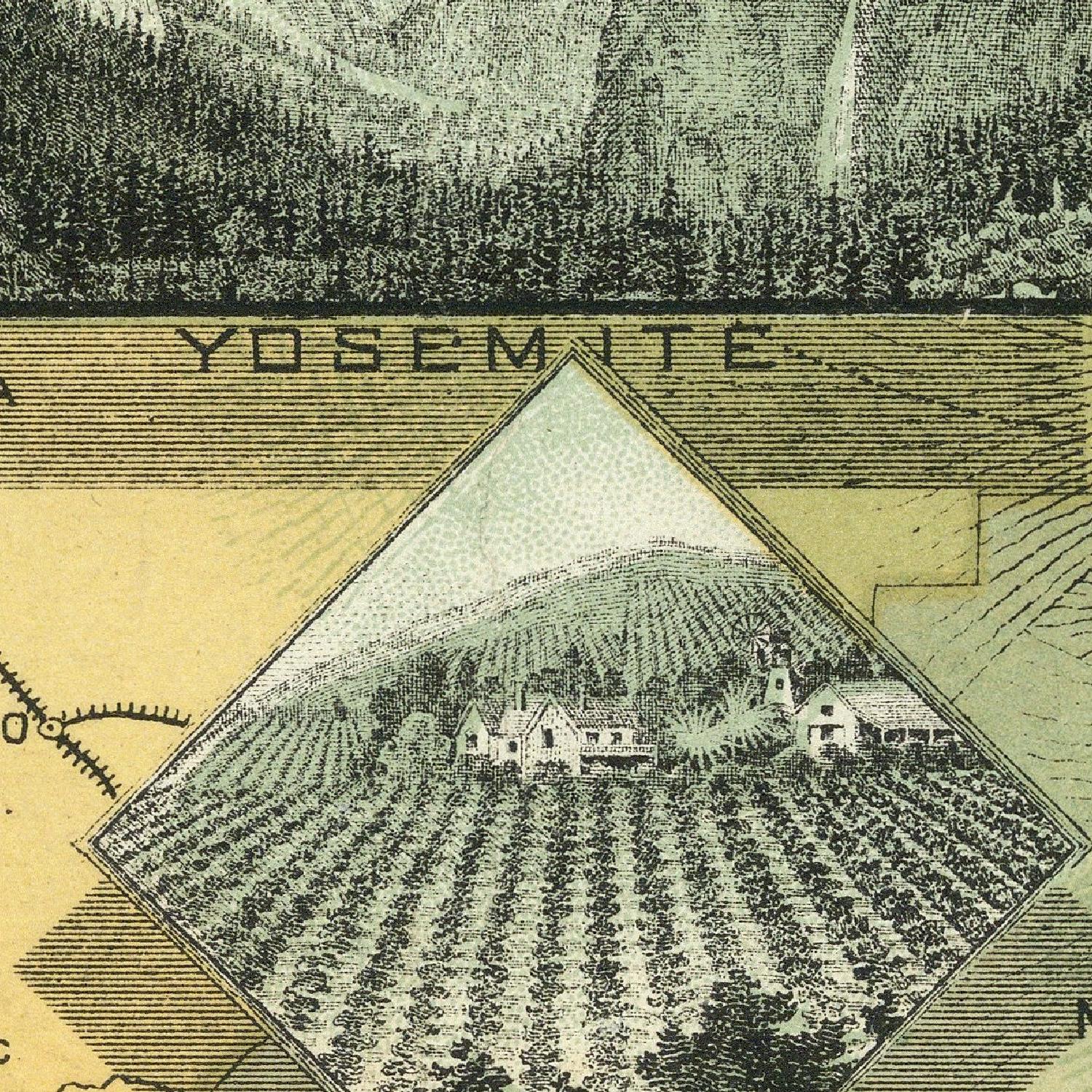 Vintage-style illustration of Yosemite Valley with a diamond-shaped inset showing a village.
