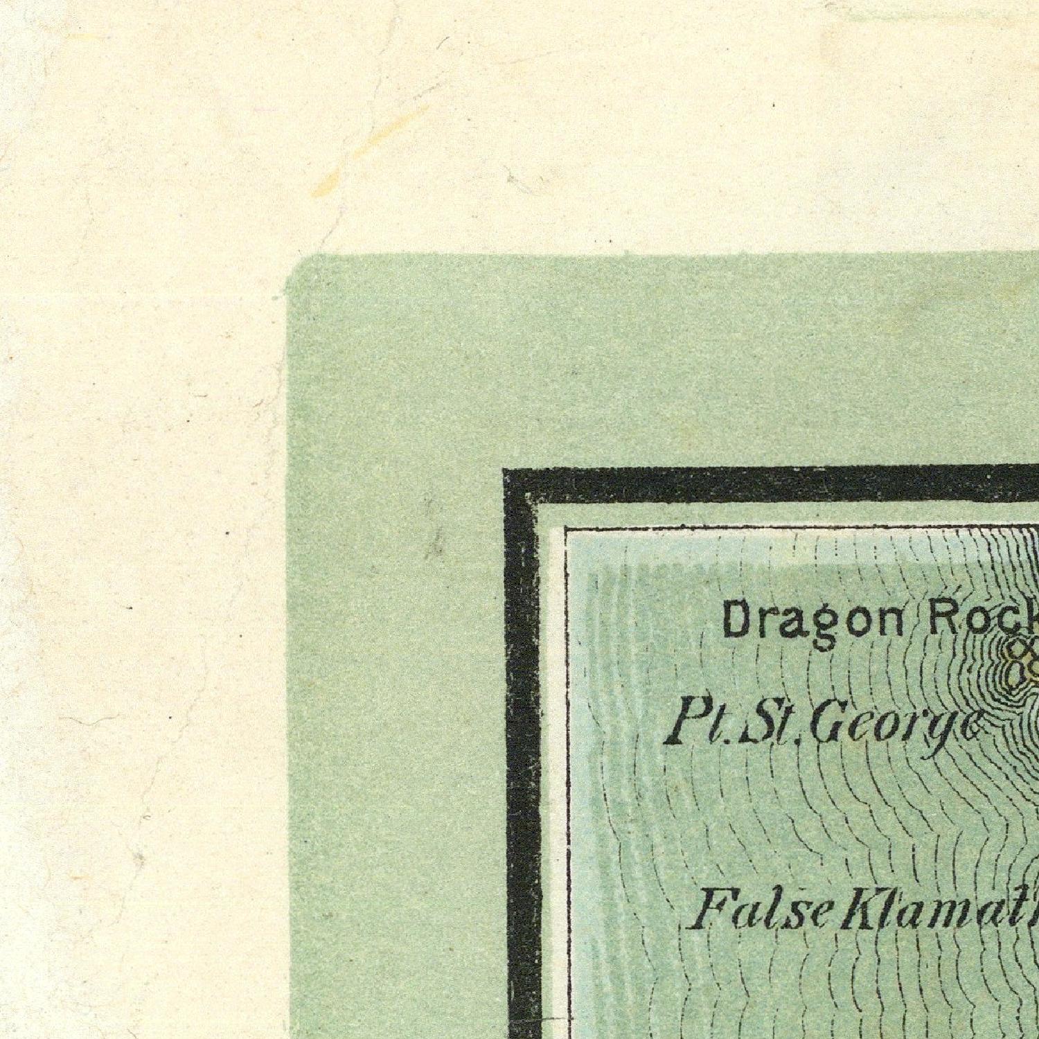Vintage map detail with 'Dragon Rock' and 'Pt. St. George' text on a green border.