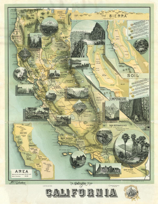 Vintage-style map of California with illustrations and text