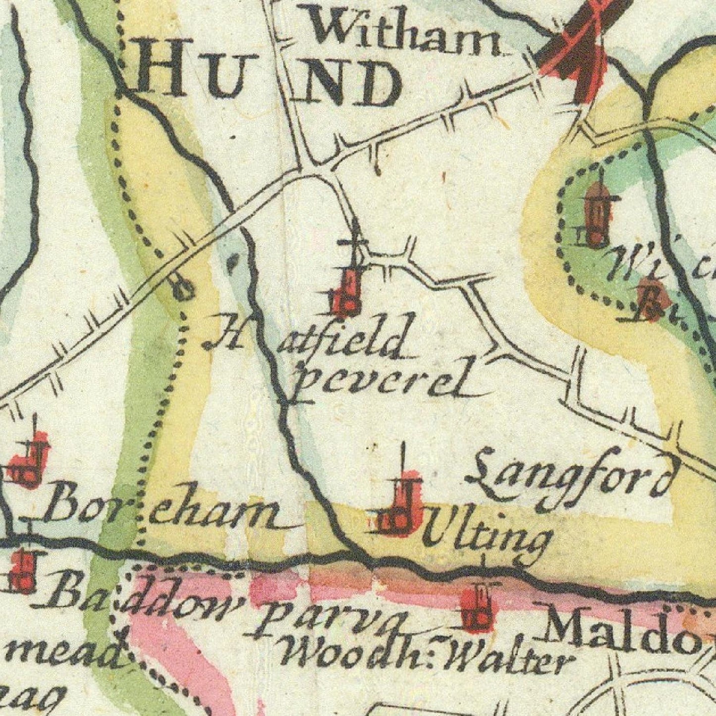 Vintage map with labeled places such as Witham, Hatfield Peverel, and Langford Ulting.