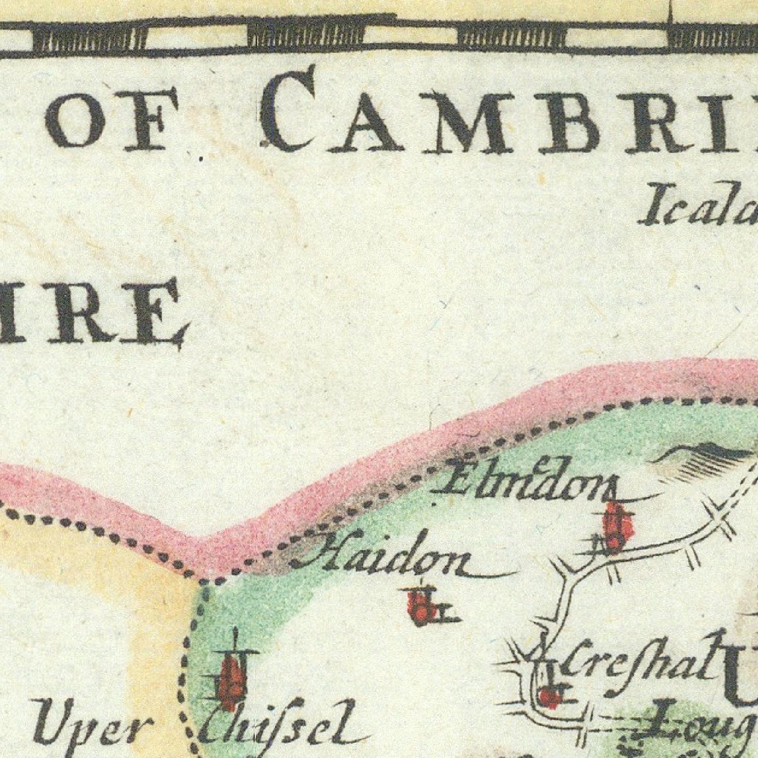 Vintage map section of Cambridgeshire with colored regions and town names.