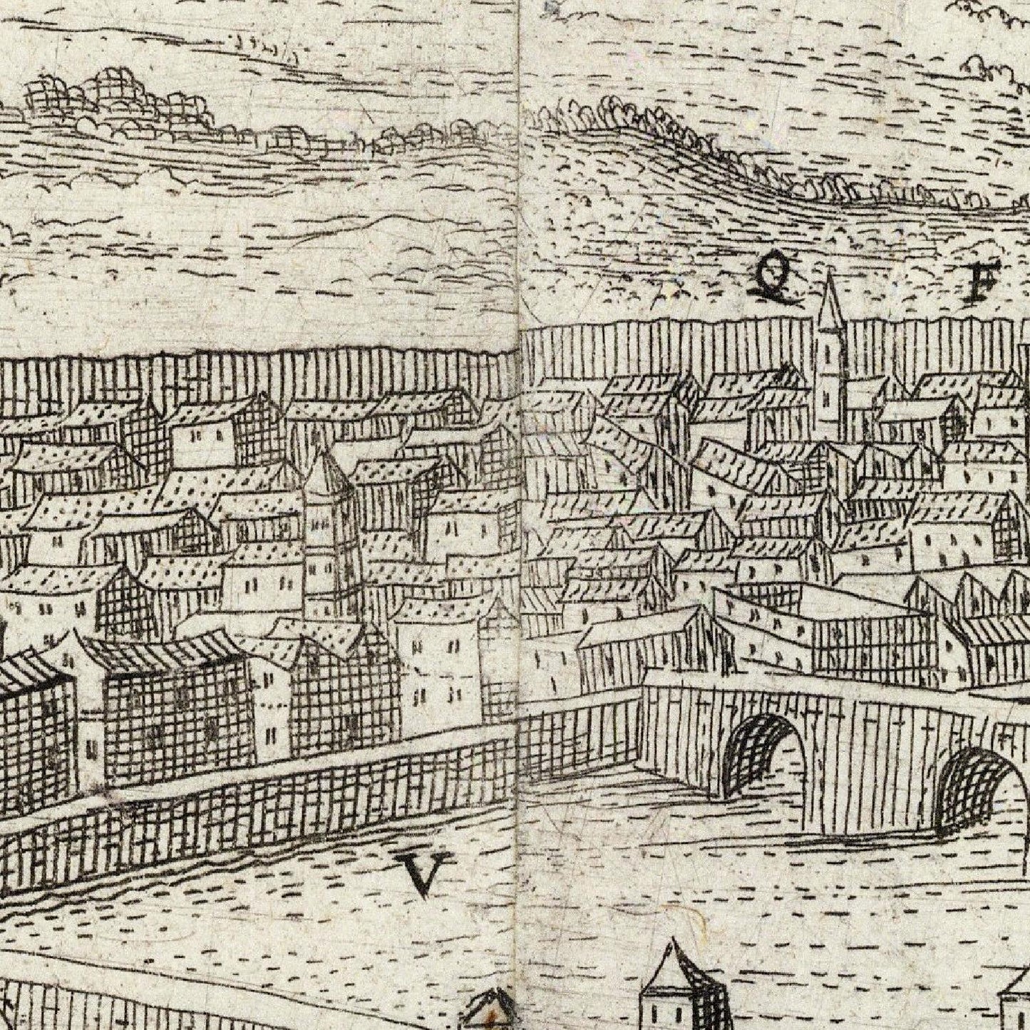 Vintage black and white illustration of a cityscape with buildings and a bridge.