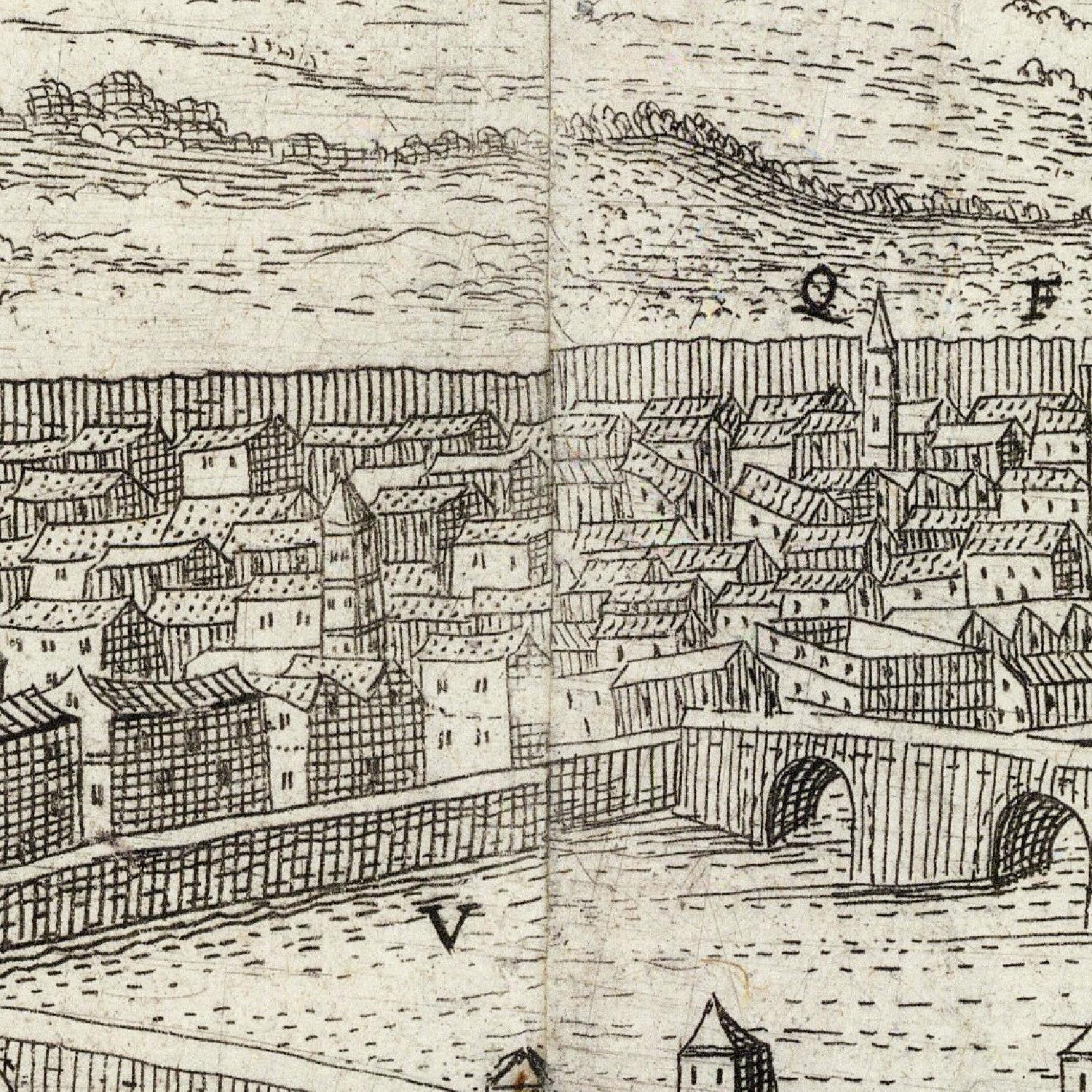 Vintage black and white illustration of a cityscape with buildings and a bridge.