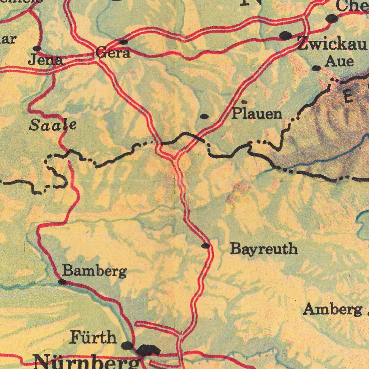 Vintage map of central Germany with red roads and black text labels.