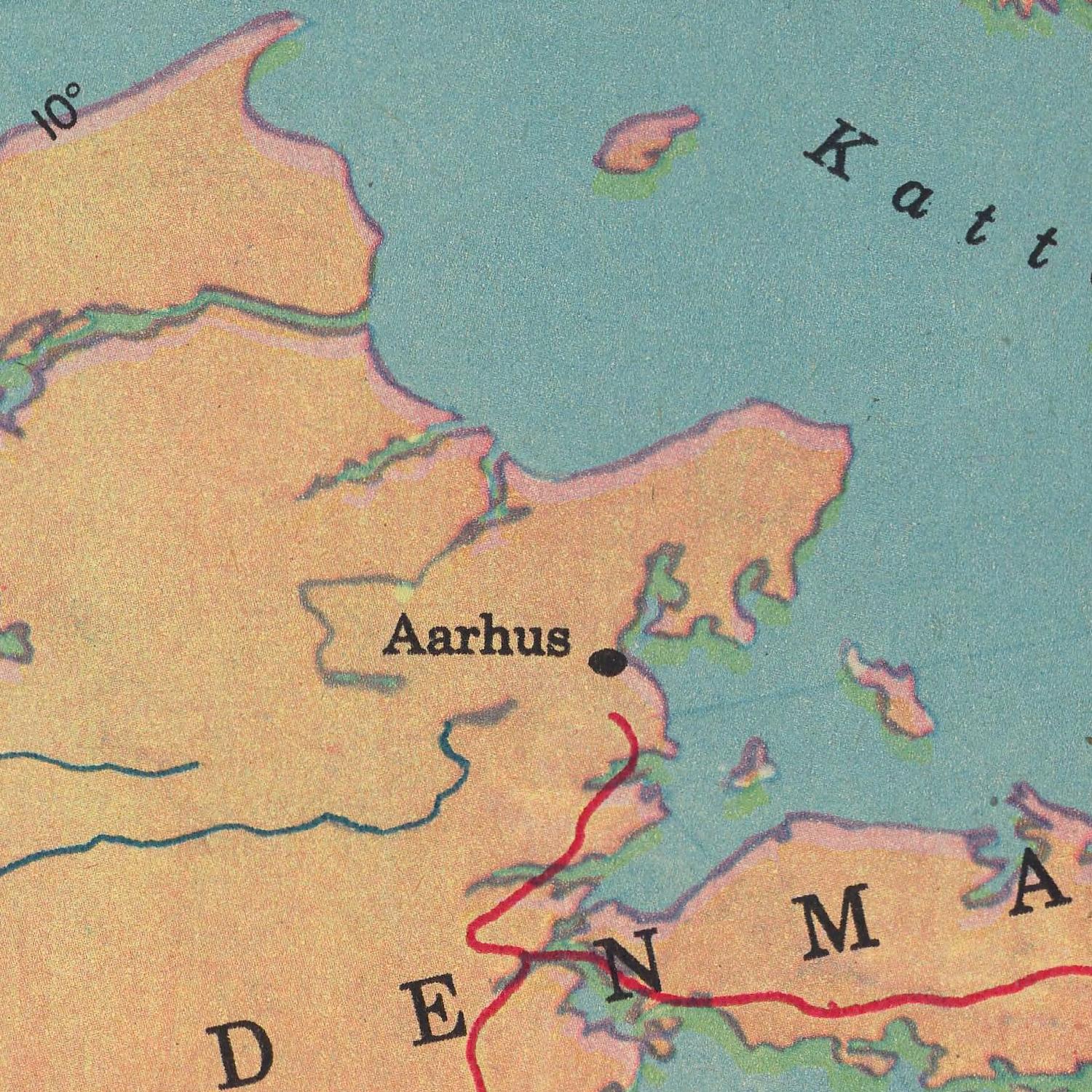 Map of Denmark with Aarhus labeled, featuring a vintage style.