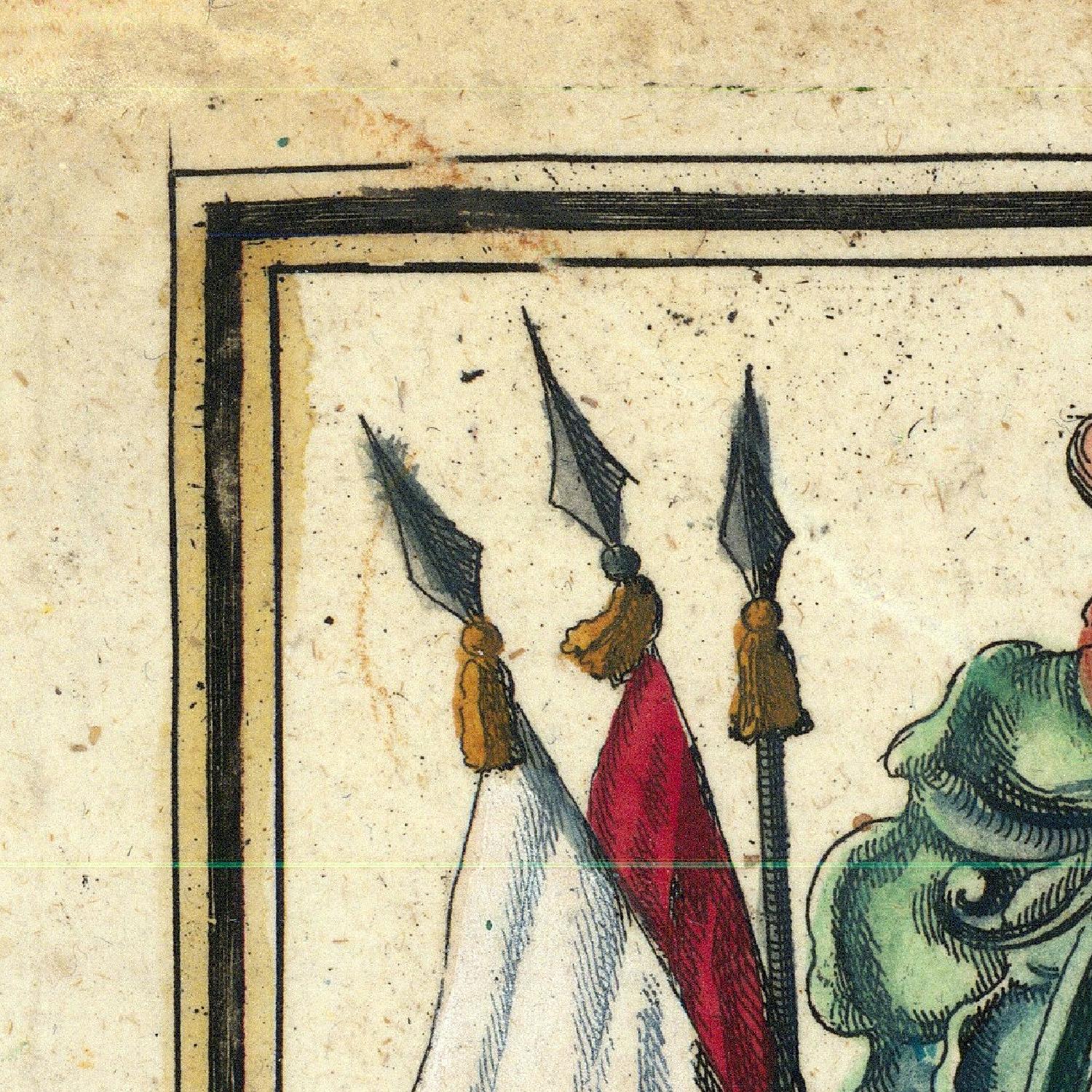 Decorative illustration of figures with spears on a textured background
