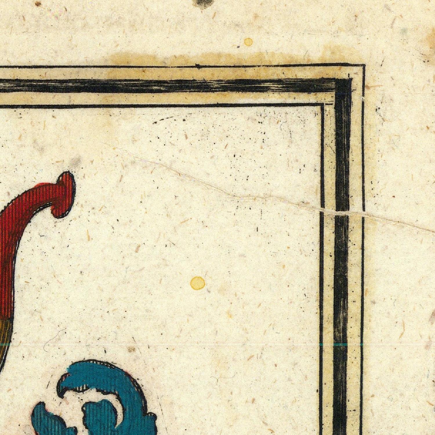 Decorative corner of a textured paper with black border and partial red and blue design.