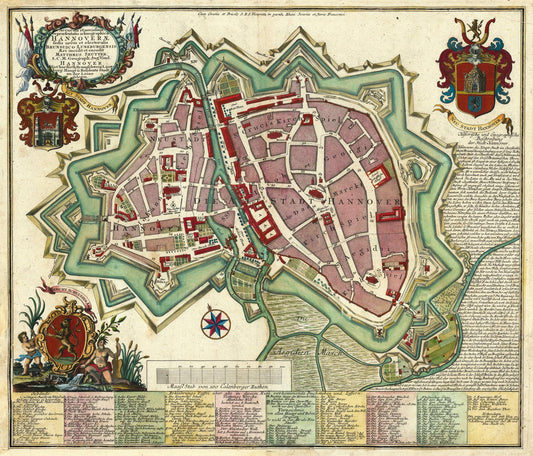 Vintage map of a fortified city with decorative elements and text