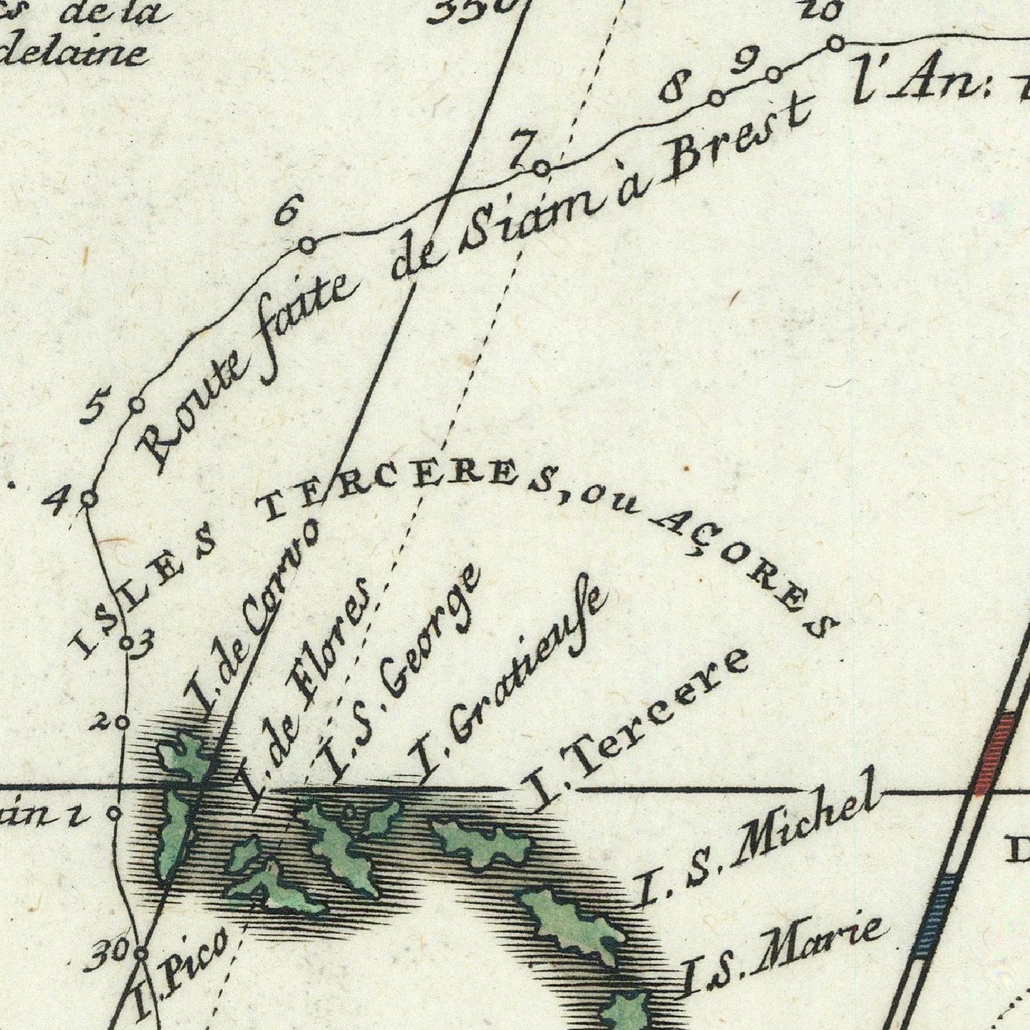 Vintage map detail with text and coordinates, likely from a historical document.