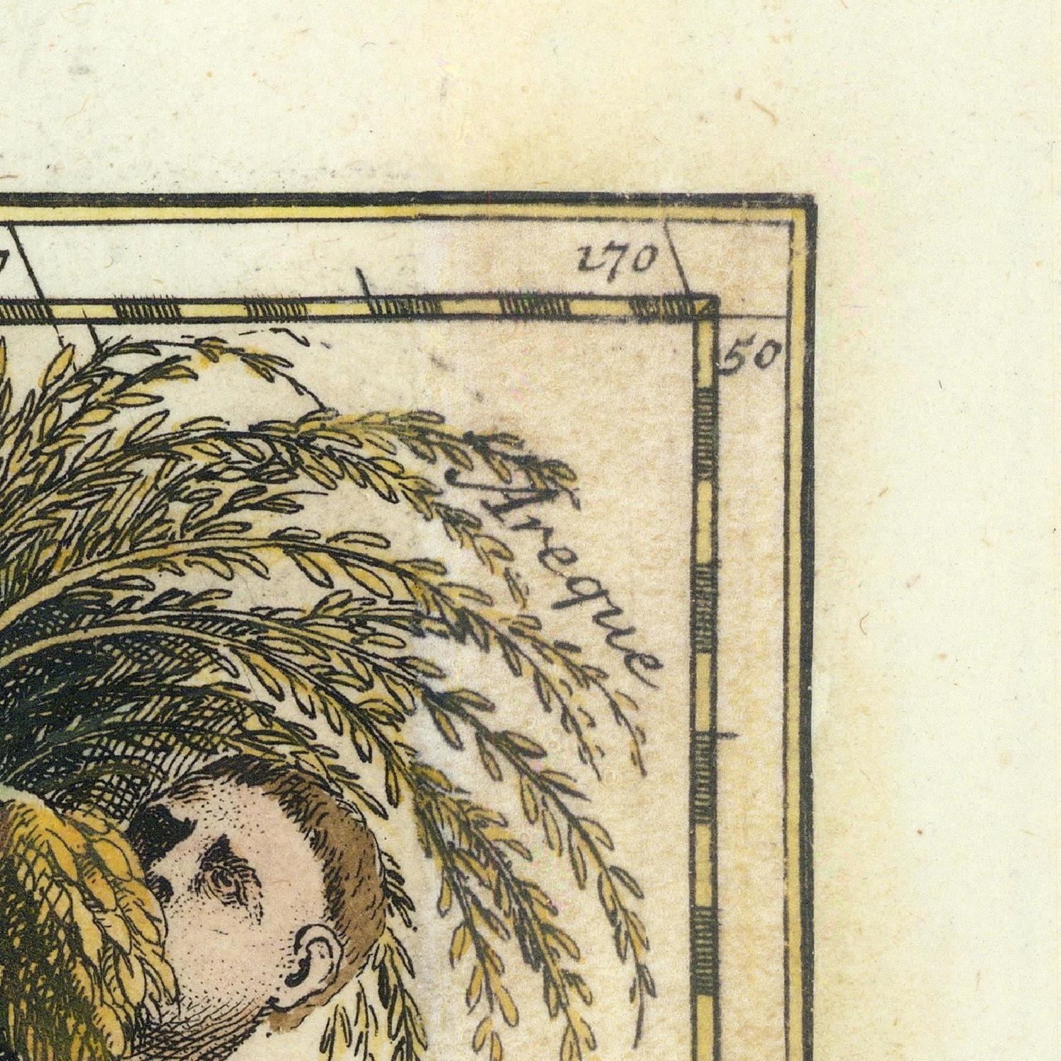 Vintage-style illustration with a person's head peeking from behind leaves on a textured beige background.