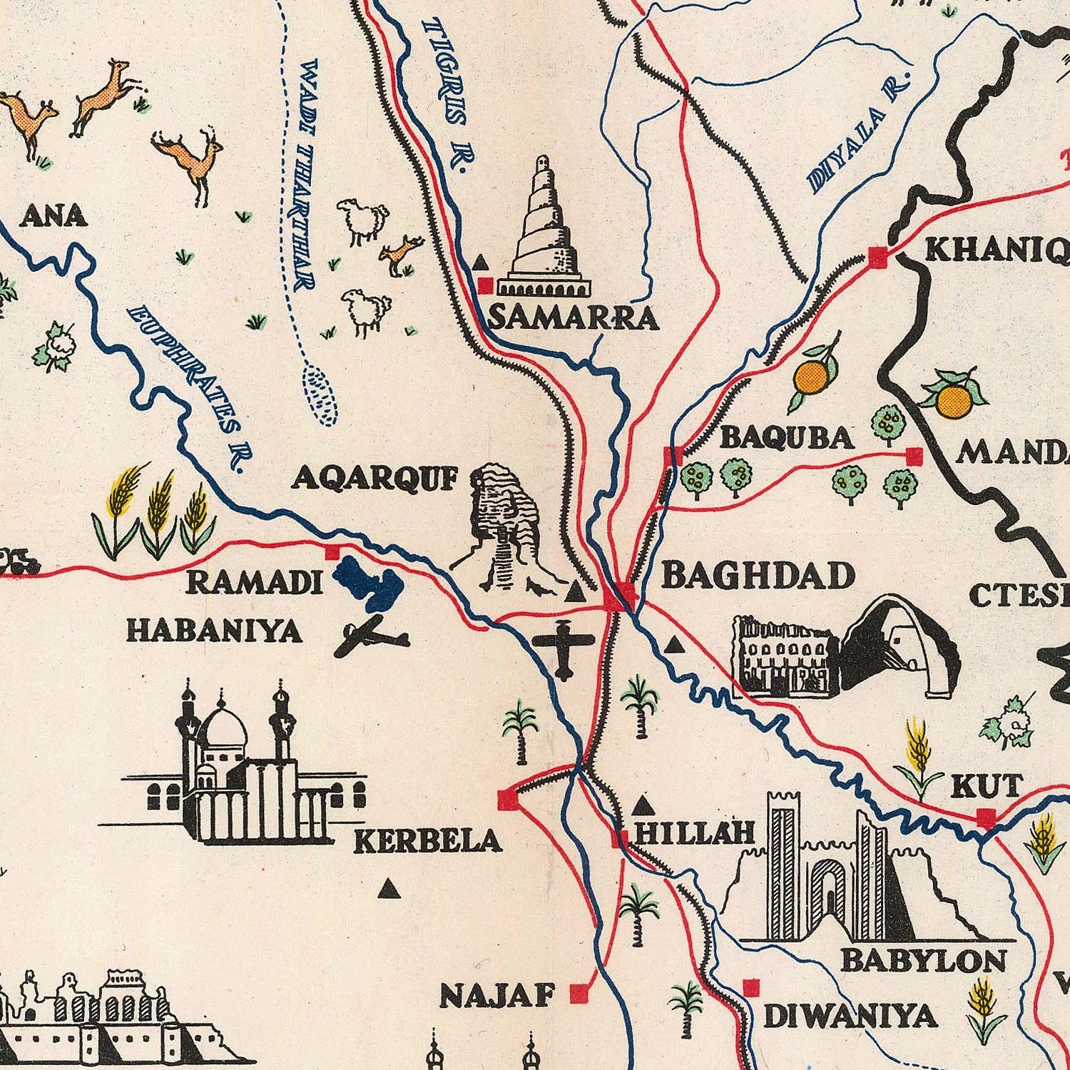 Map of ancient cities and landmarks in Iraq with illustrations and labels.
