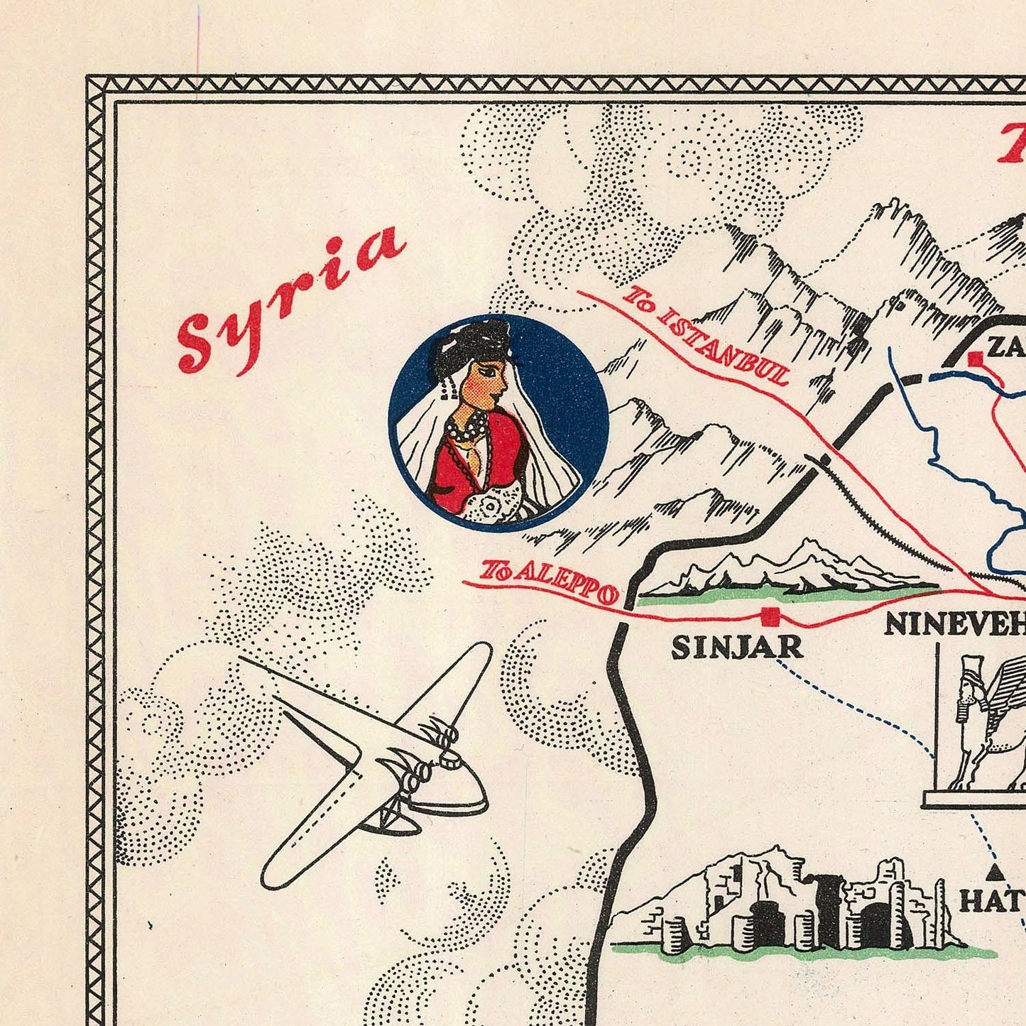 Map of Syria with illustrations and text, featuring a woman's portrait and mountainous regions.