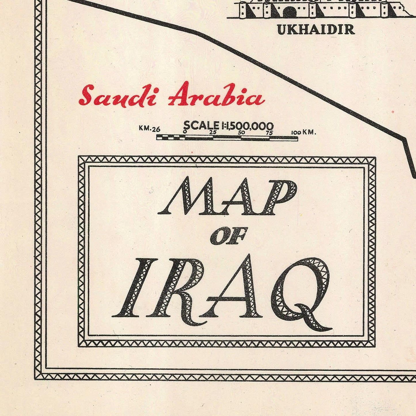 Map of Iraq with 'Saudi Arabia' and 'UKHAIDIR' text on a beige background