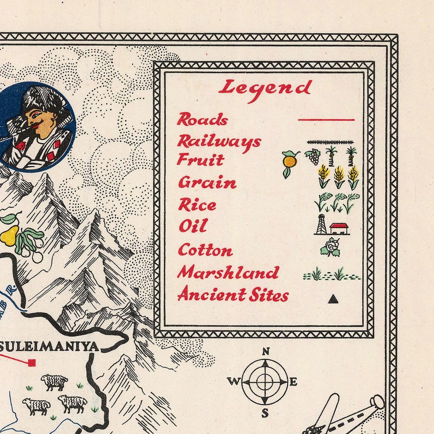Map of Suleimaniya with a legend explaining symbols and icons