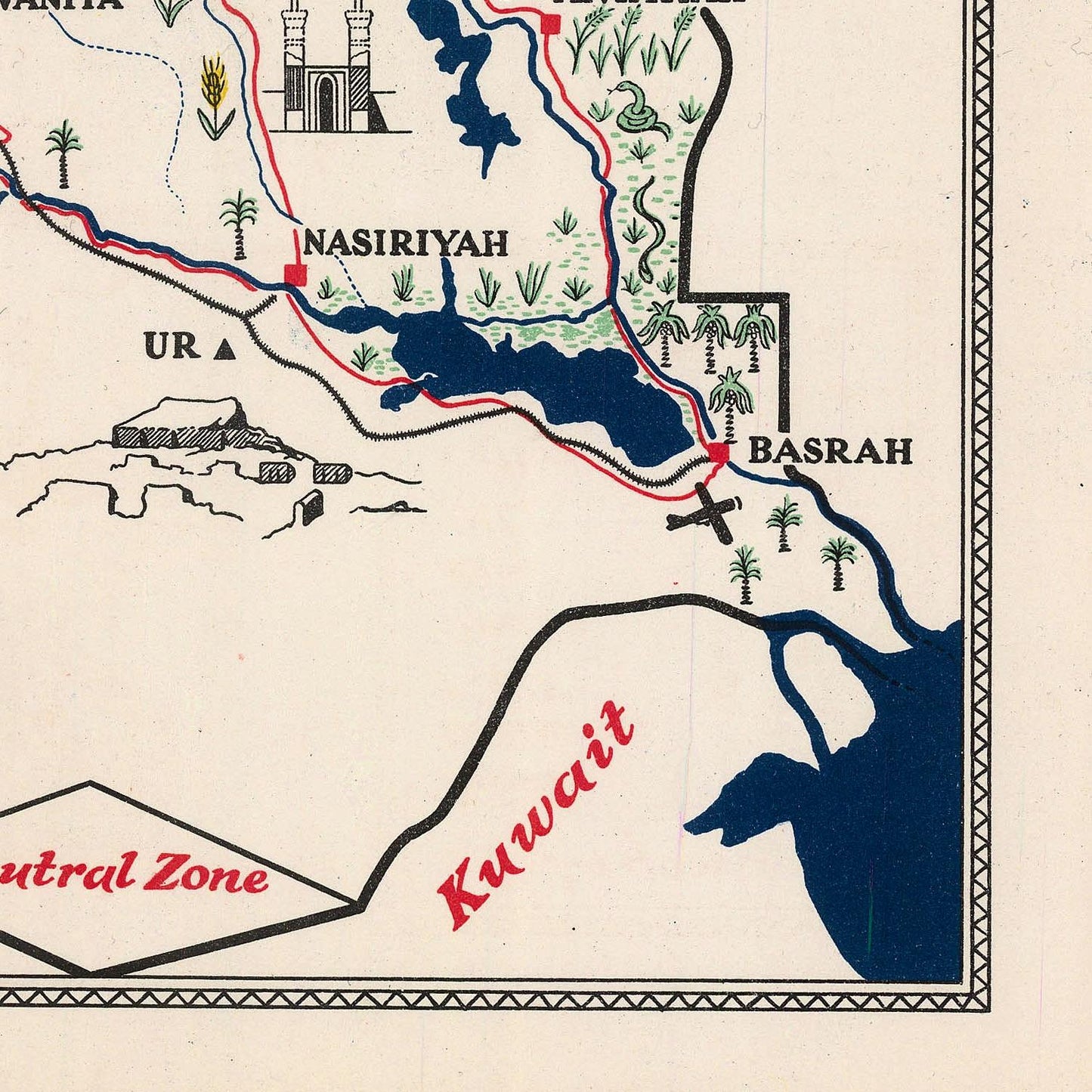 Map of a region including Nasiriyah, Basrah, and Kuwait with labeled areas.
