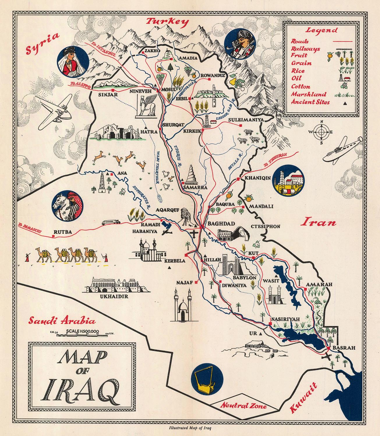 Map of Iraq with various symbols and labels on a beige background