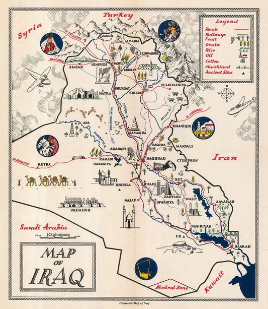 Map of Iraq with various symbols and labels on a beige background