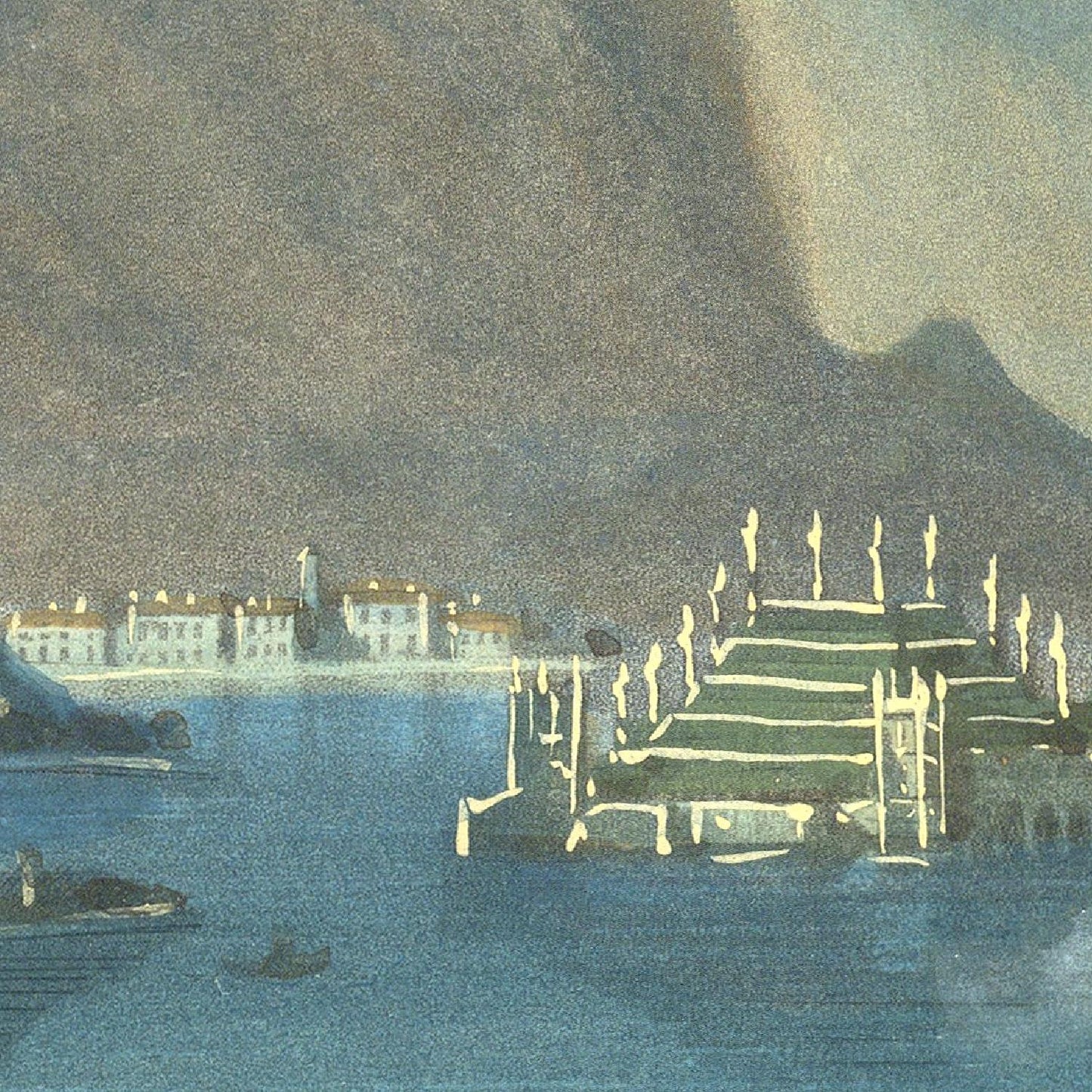 Artistic depiction of a coastal scene with buildings and a dock under a dark sky.