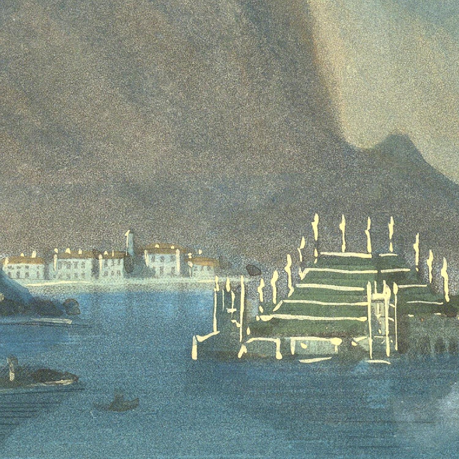 Artistic depiction of a coastal scene with buildings and a dock under a dark sky.