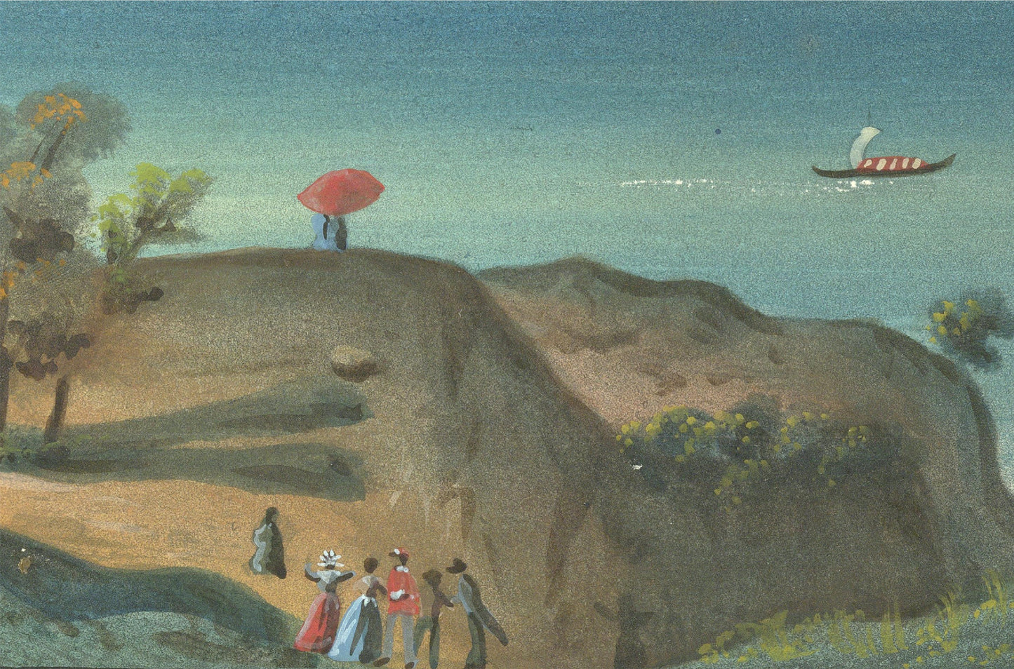 Vintage-style painting of a landscape with people, a red umbrella, and a boat on water.