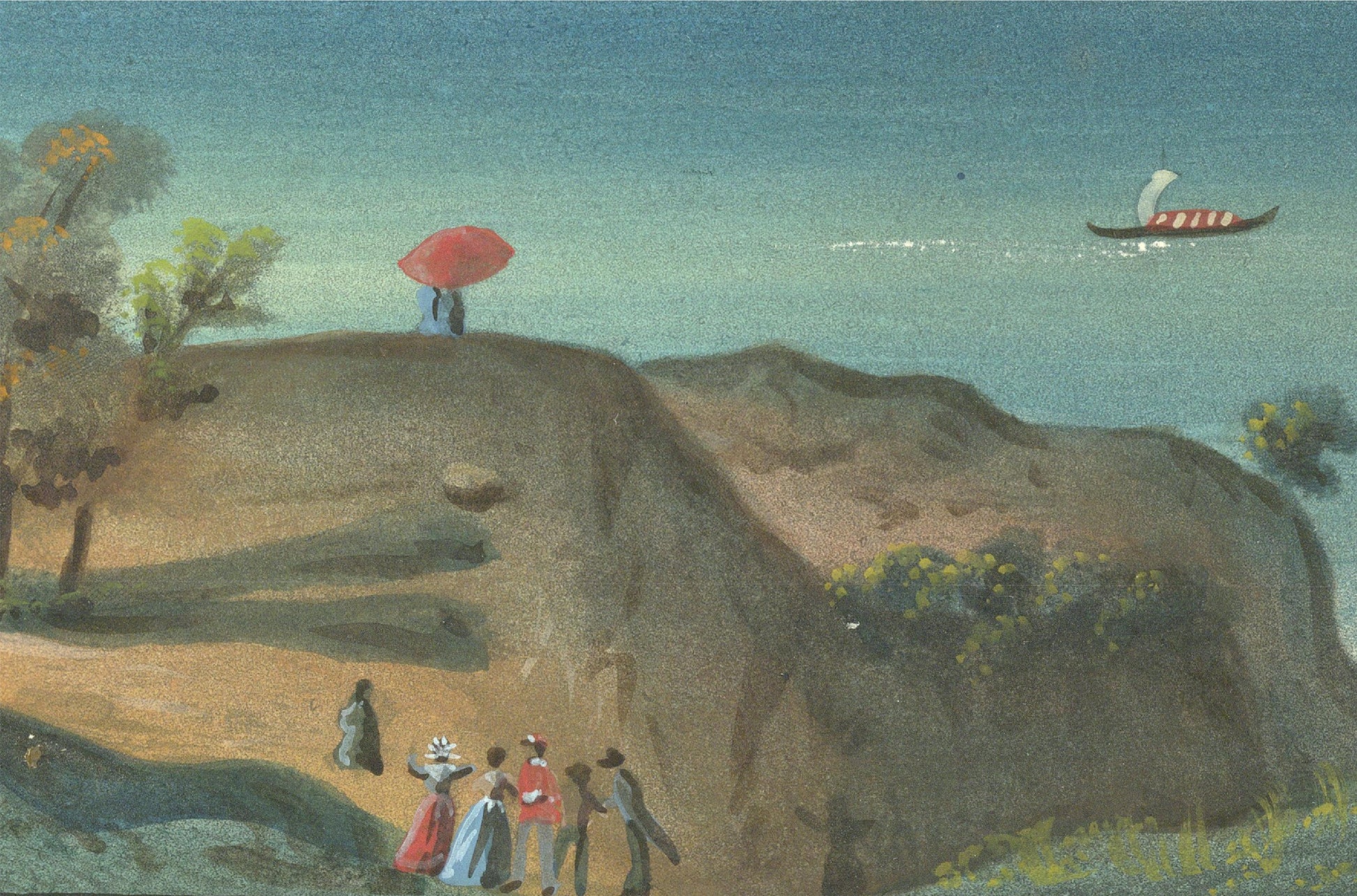 Vintage-style painting of a landscape with people, a red umbrella, and a boat on water.