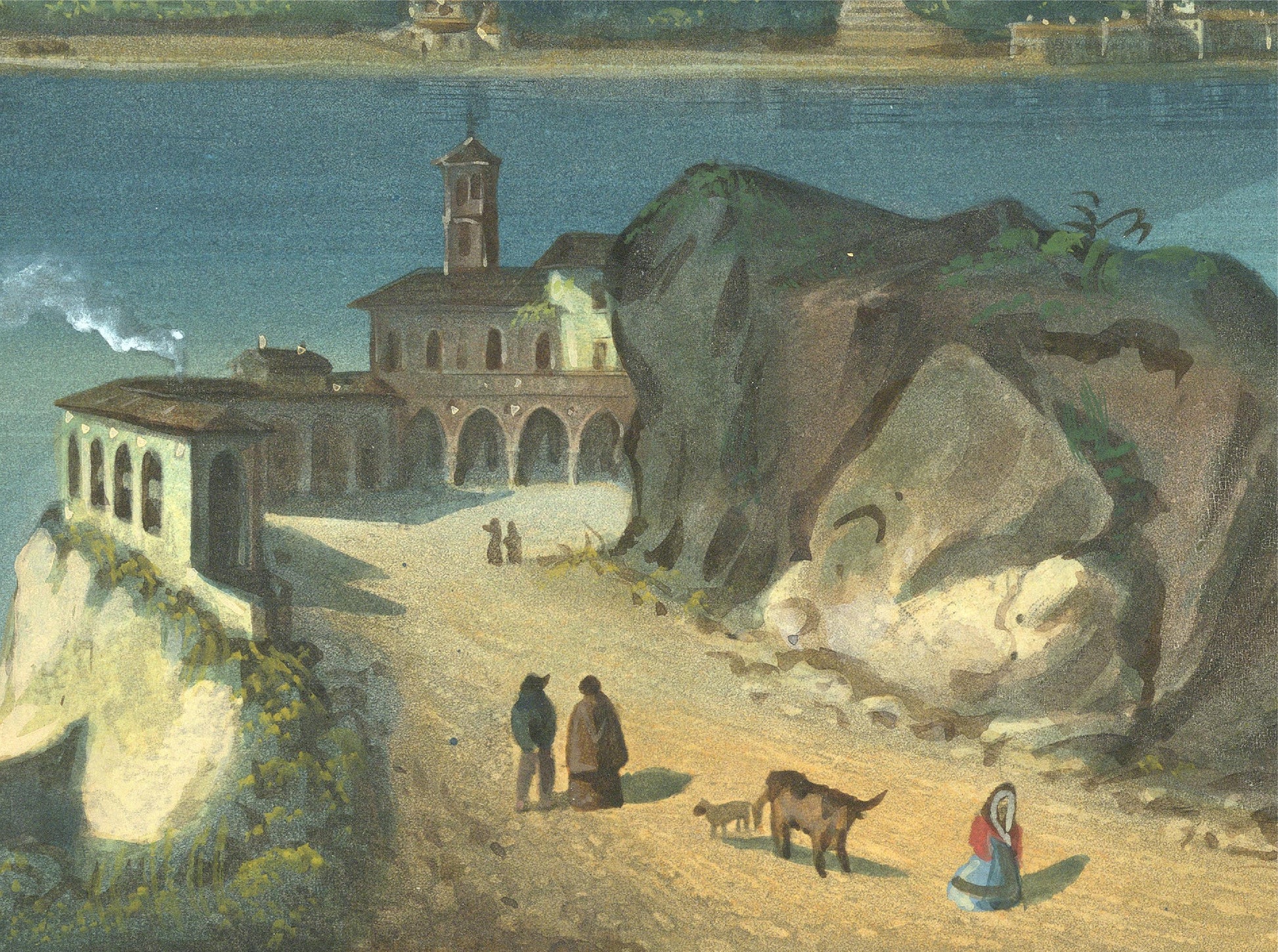 Painting of a coastal scene with a building, people, and animals near large rocks.