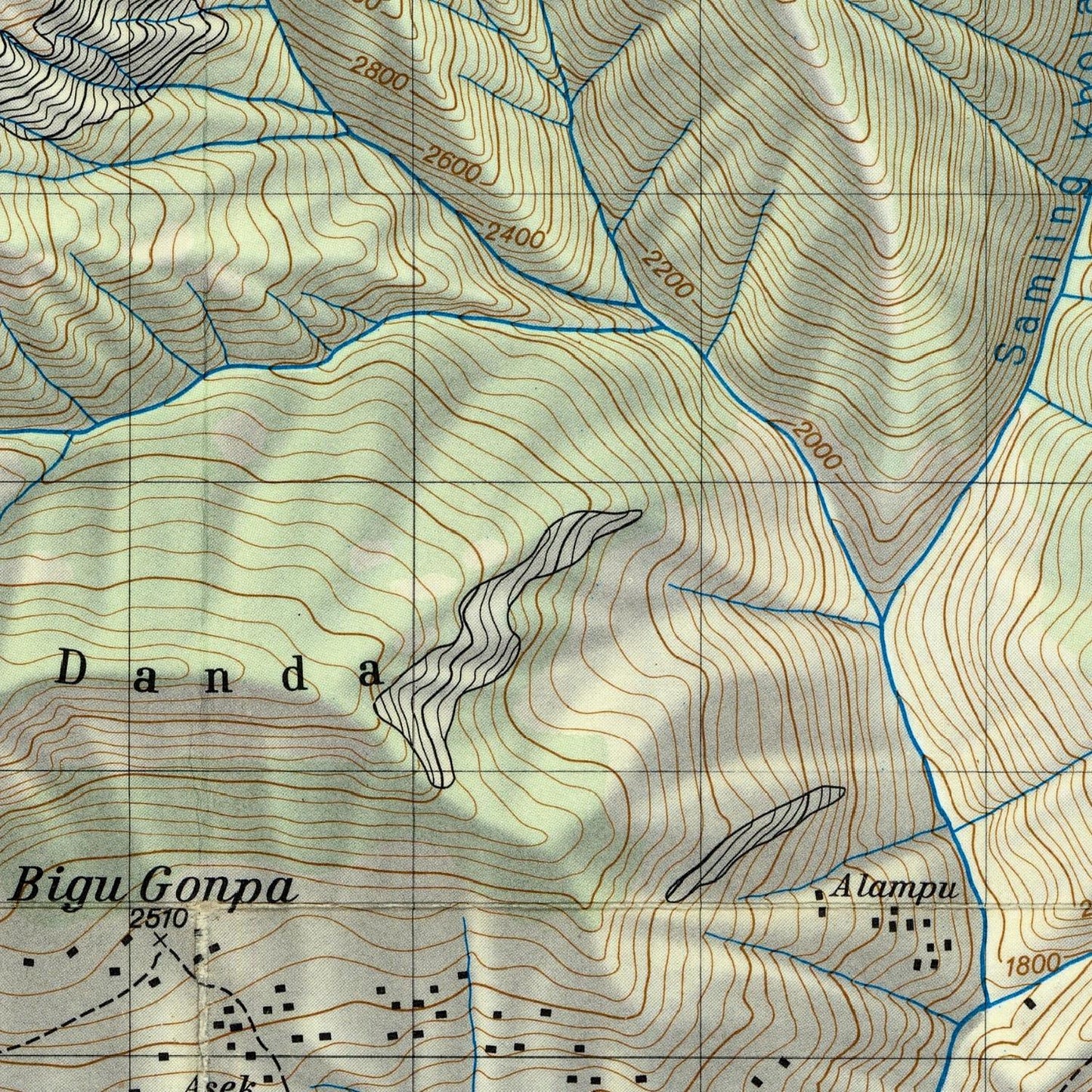 Topographic map with contour lines and labeled places like Danda and Bigu Gonpa
