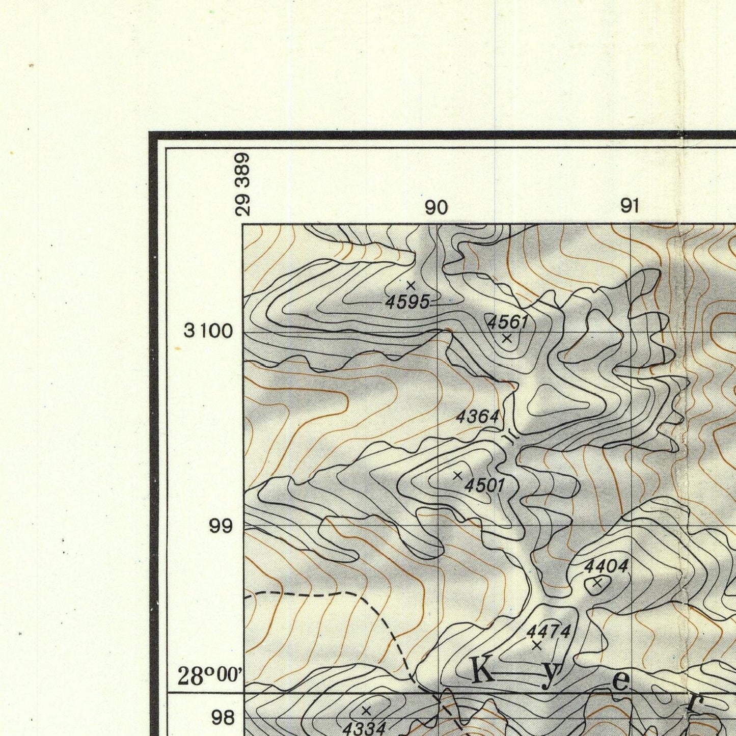 Topographic map with contour lines and grid on a light background