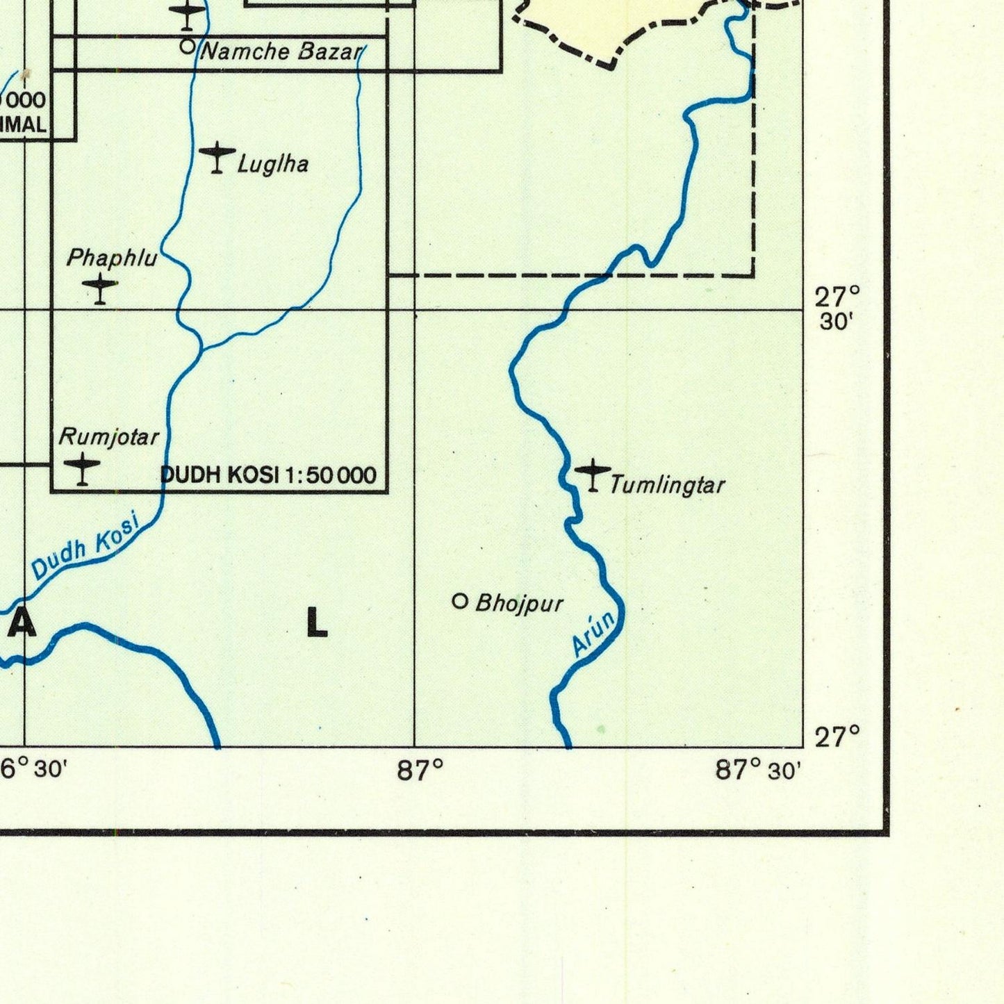 Map of a region with labeled places and coordinates