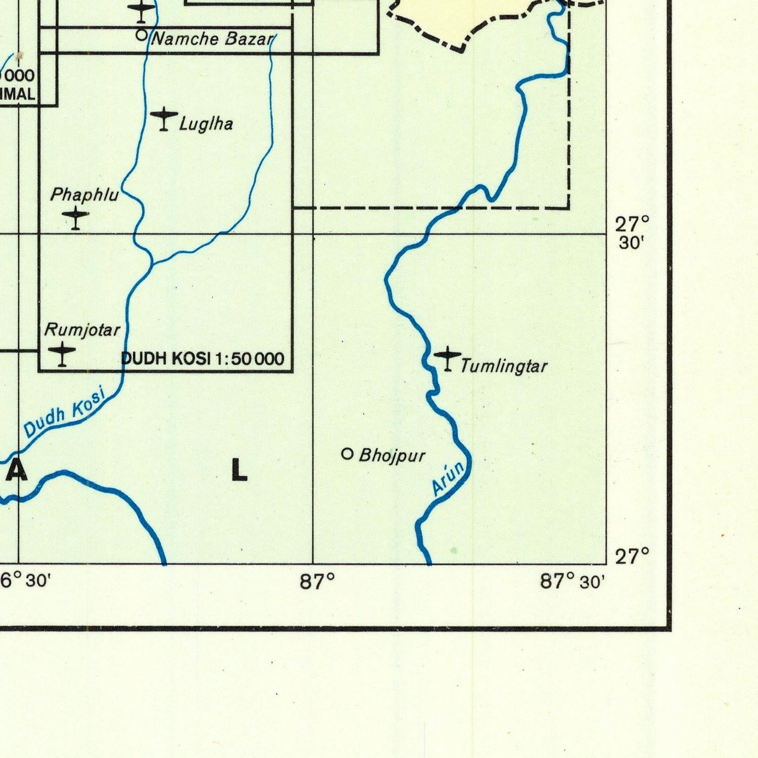 Map of a region with labeled places and coordinates