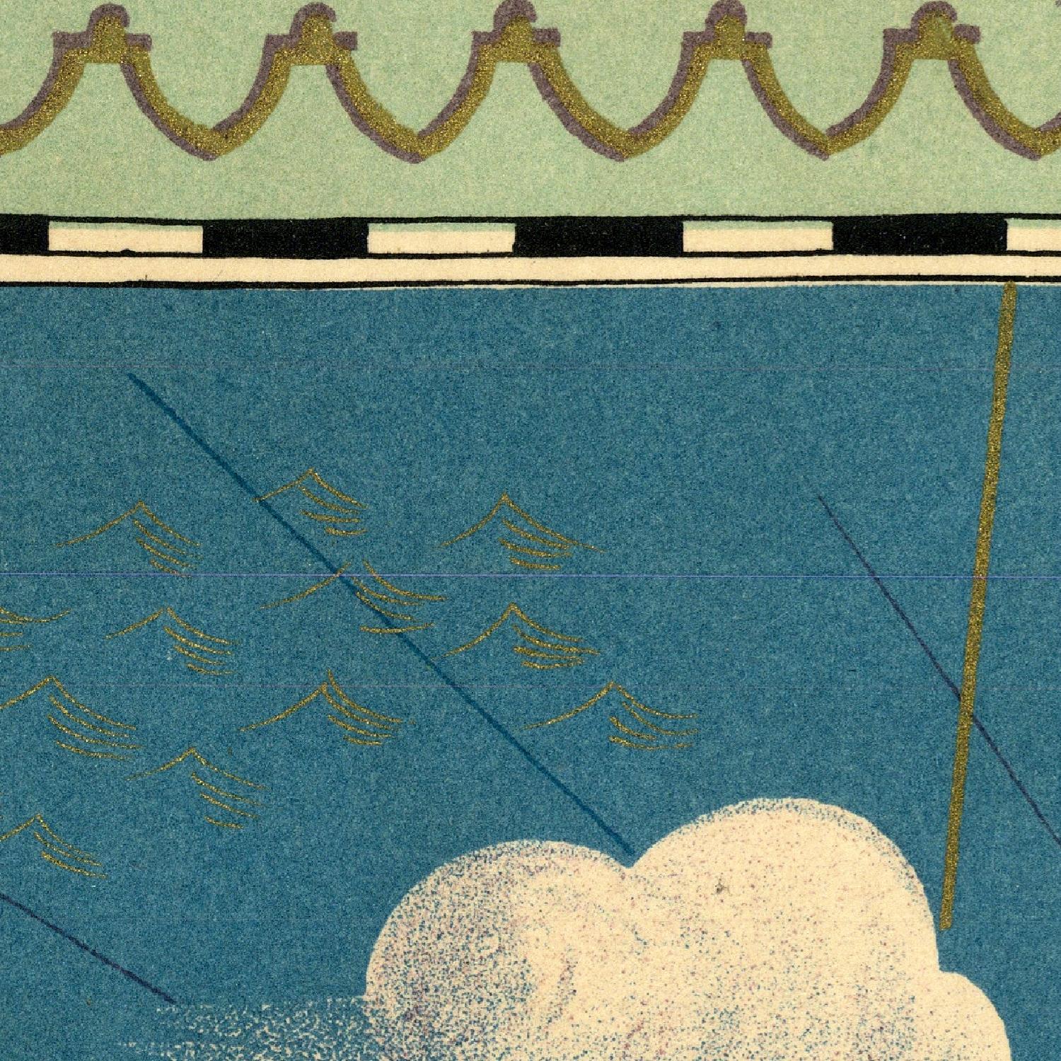 Decorative design with geometric patterns and clouds on a blue background