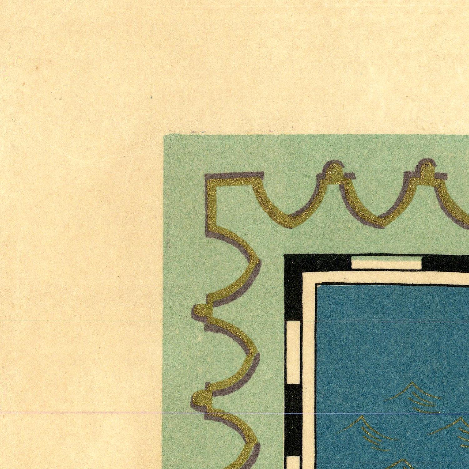 Decorative border design with green and gold elements on a beige background