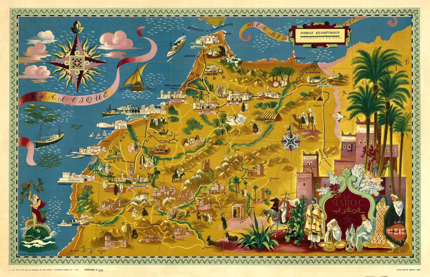 Decorative map with illustrations of buildings, people, and landscapes on a blue background